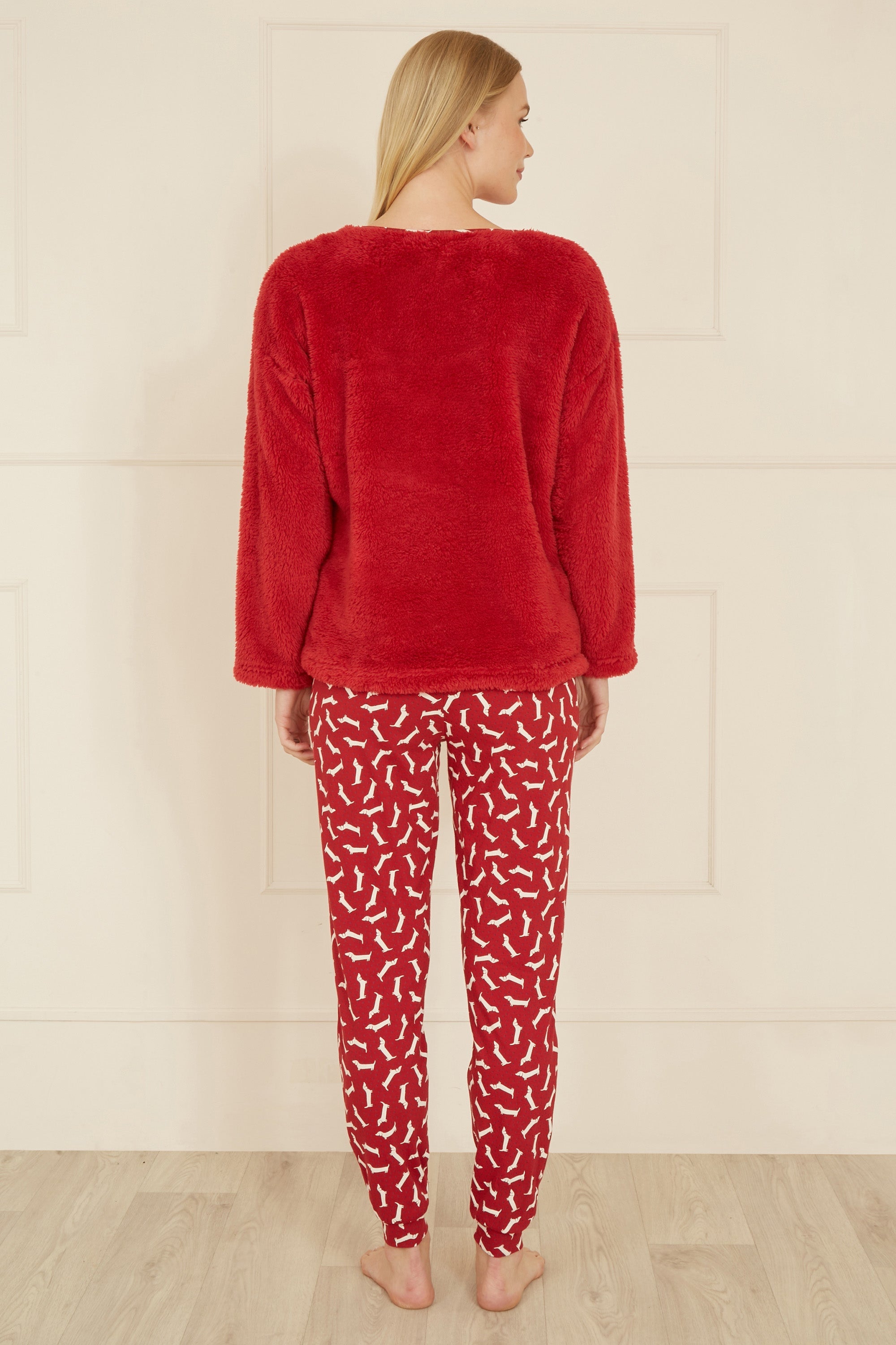Yumi Red Pyjamas With Fleece Top And Dachshund Print Trousers