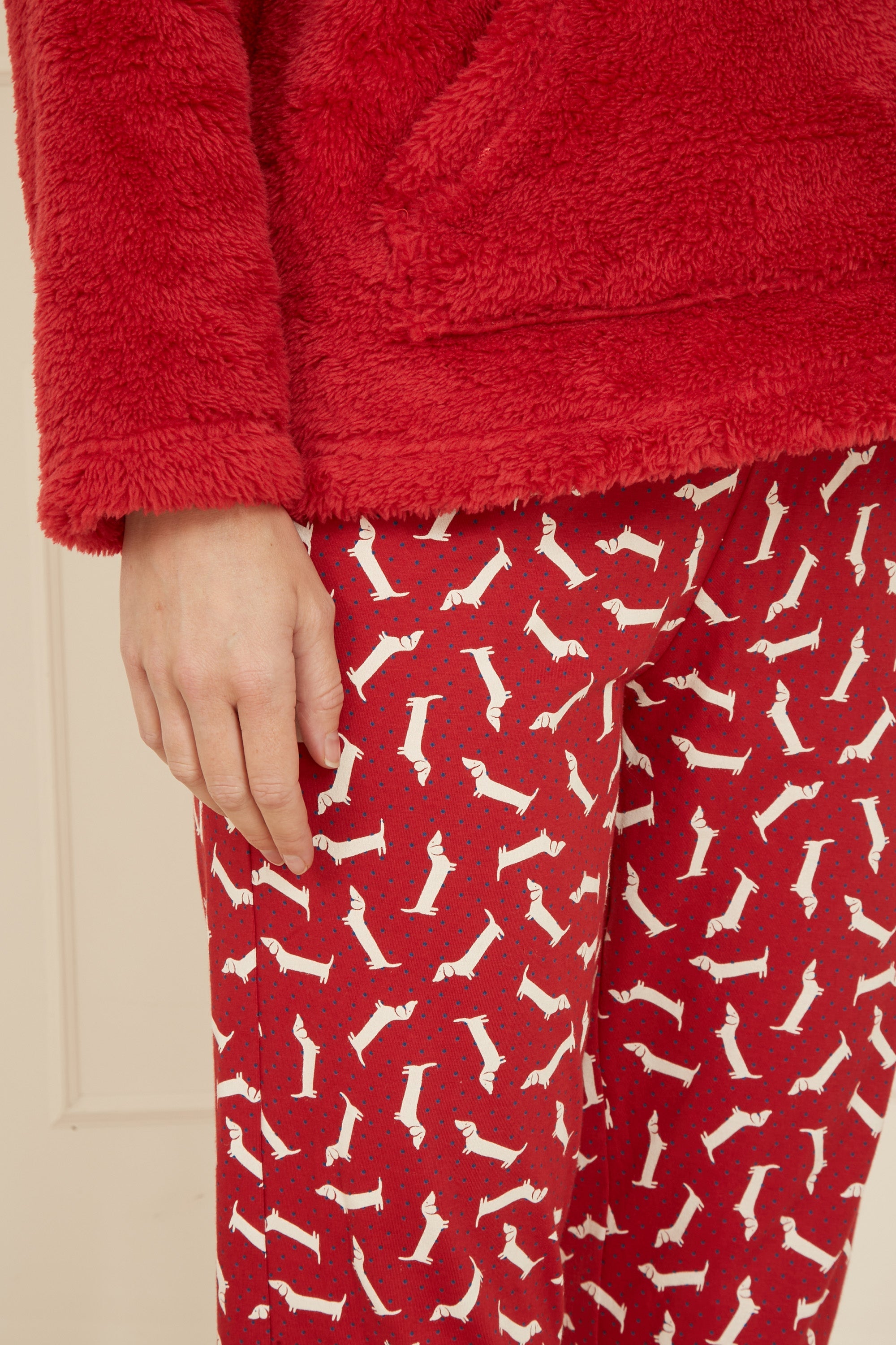 Yumi Red Pyjamas With Fleece Top And Dachshund Print Trousers