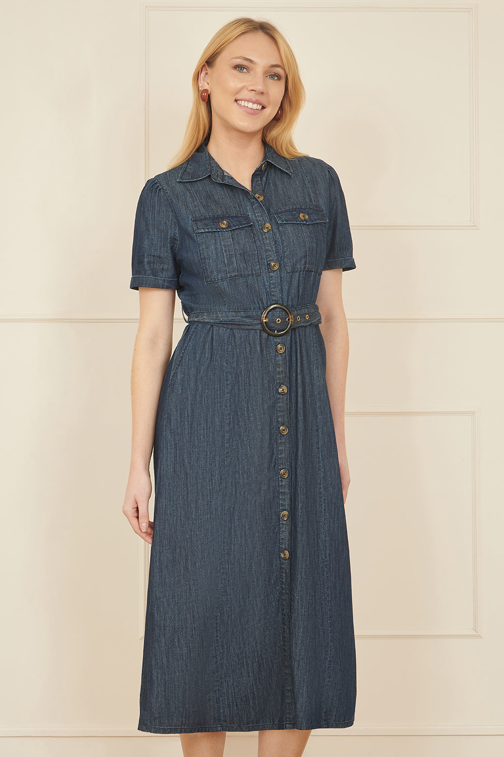 Yumi Blue Chambray Utility Midi Denim Shirt Dress - QHA UK