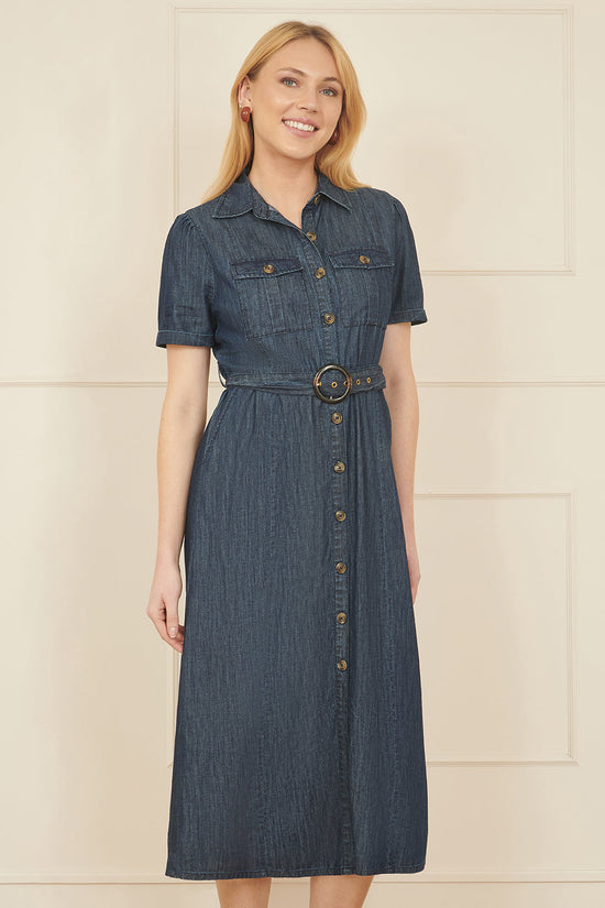 Yumi Blue Chambray Utility Midi Denim Shirt Dress - QHA UK