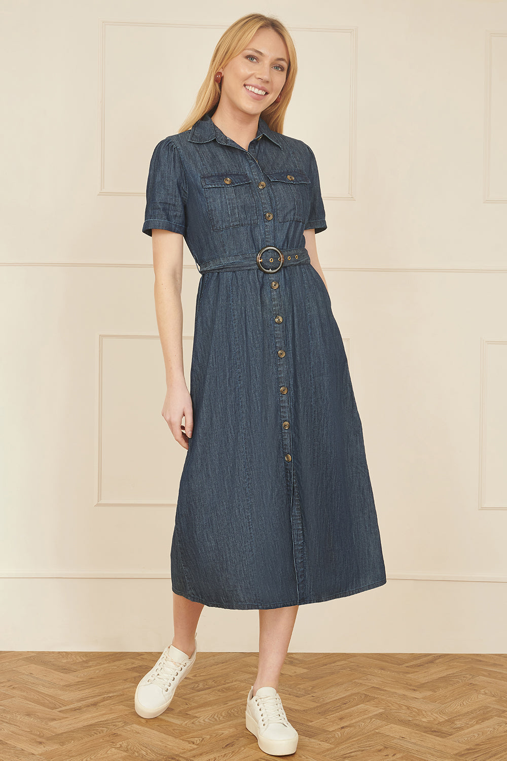 Yumi Blue Chambray Utility Midi Denim Shirt Dress - QHA UK