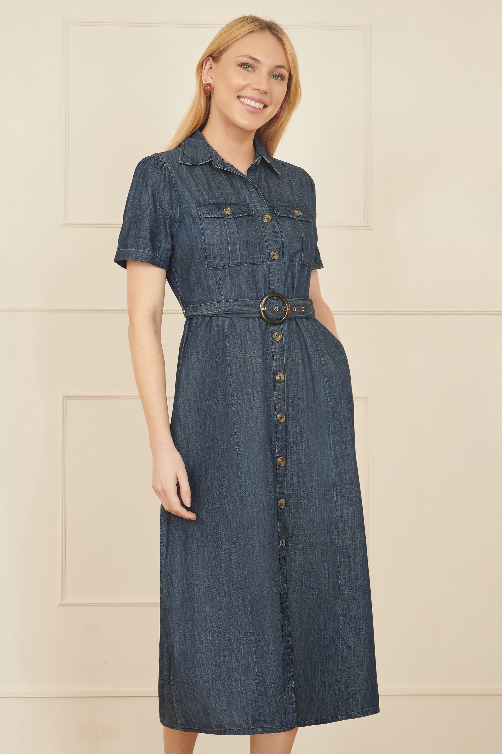 Yumi Blue Chambray Utility Midi Denim Shirt Dress - QHA UK