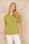 Yumi Green Cotton Pleated short Sleeve Shirt - QHA UK