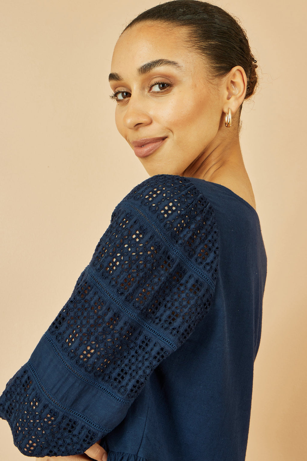 Yumi Navy Cotton Tunic With Broderie Anglaise Puff Sleeves - QHA UK