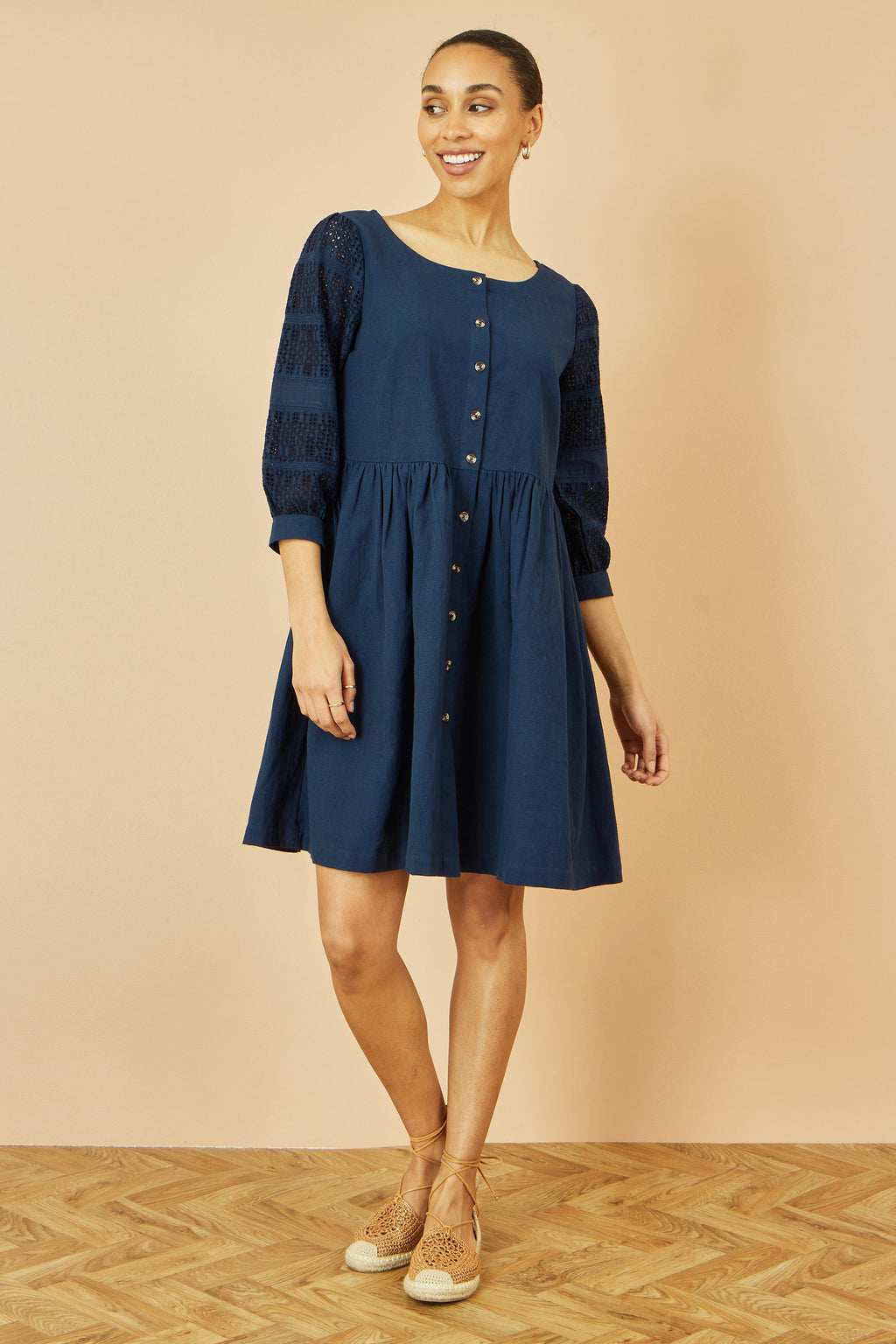 Yumi Navy Cotton Tunic With Broderie Anglaise Puff Sleeves - QHA UK