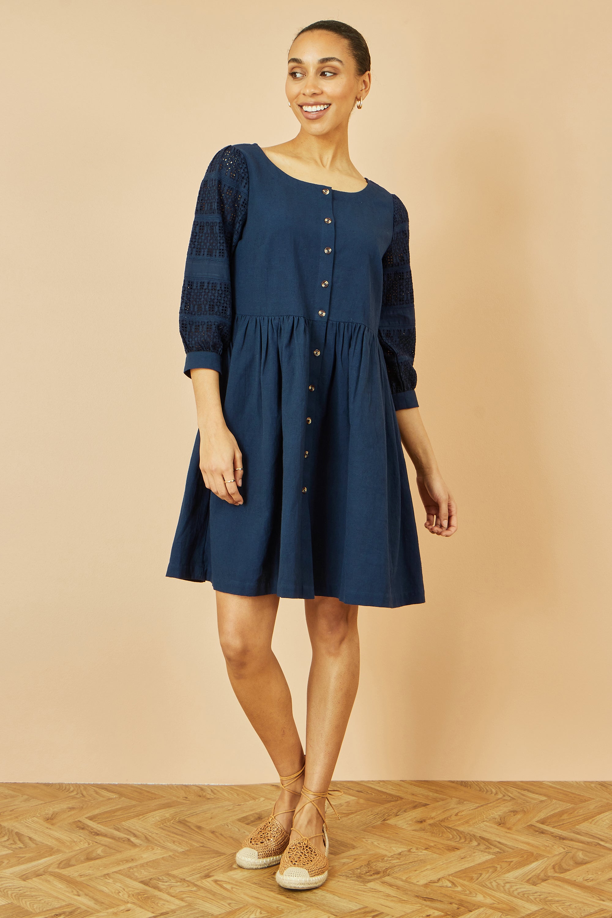 Yumi Navy Cotton Tunic With Broderie Anglaise Puff Sleeves - QHA UK
