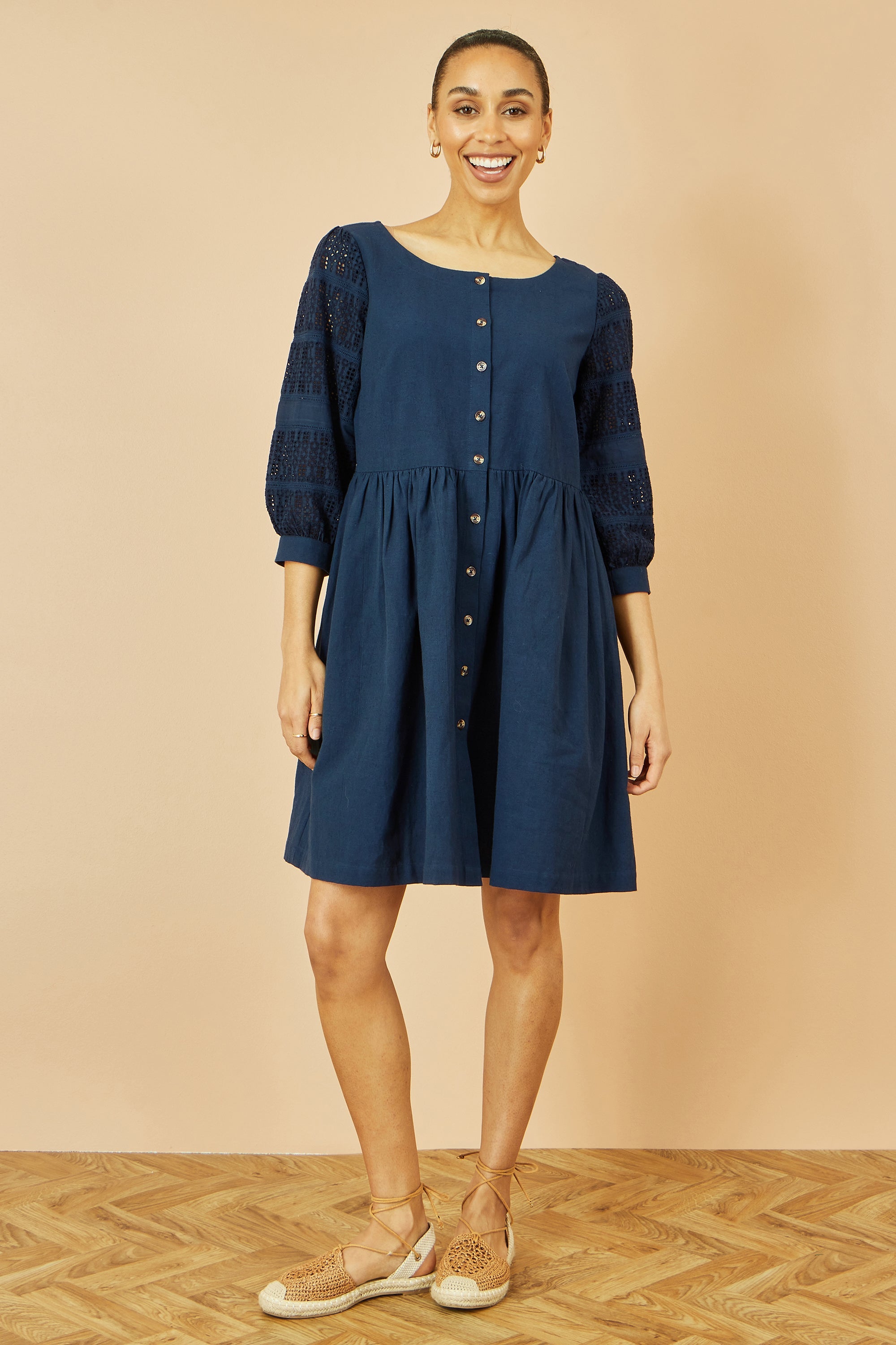 Yumi Navy Cotton Tunic With Broderie Anglaise Puff Sleeves - QHA UK