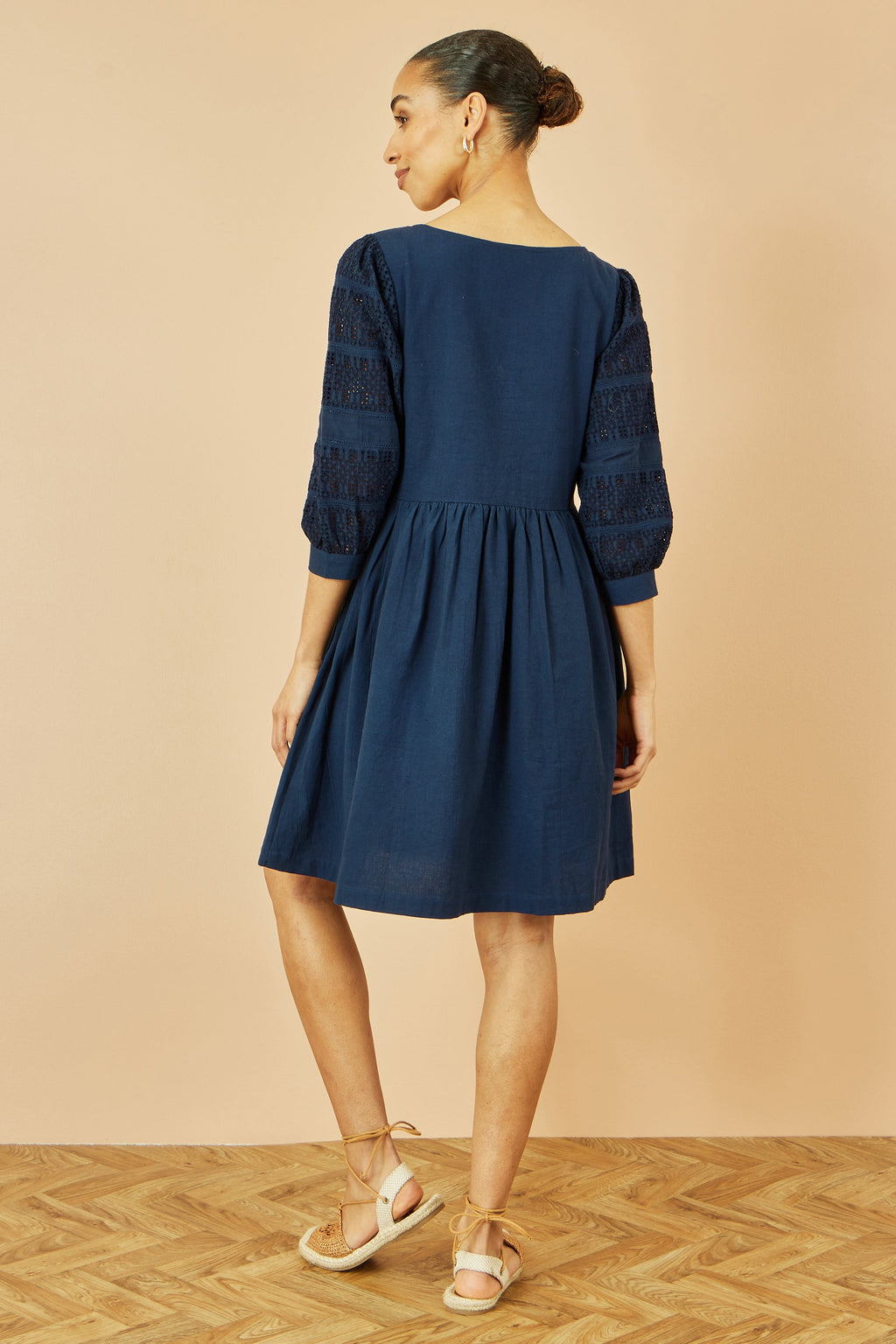 Yumi Navy Cotton Tunic With Broderie Anglaise Puff Sleeves - QHA UK