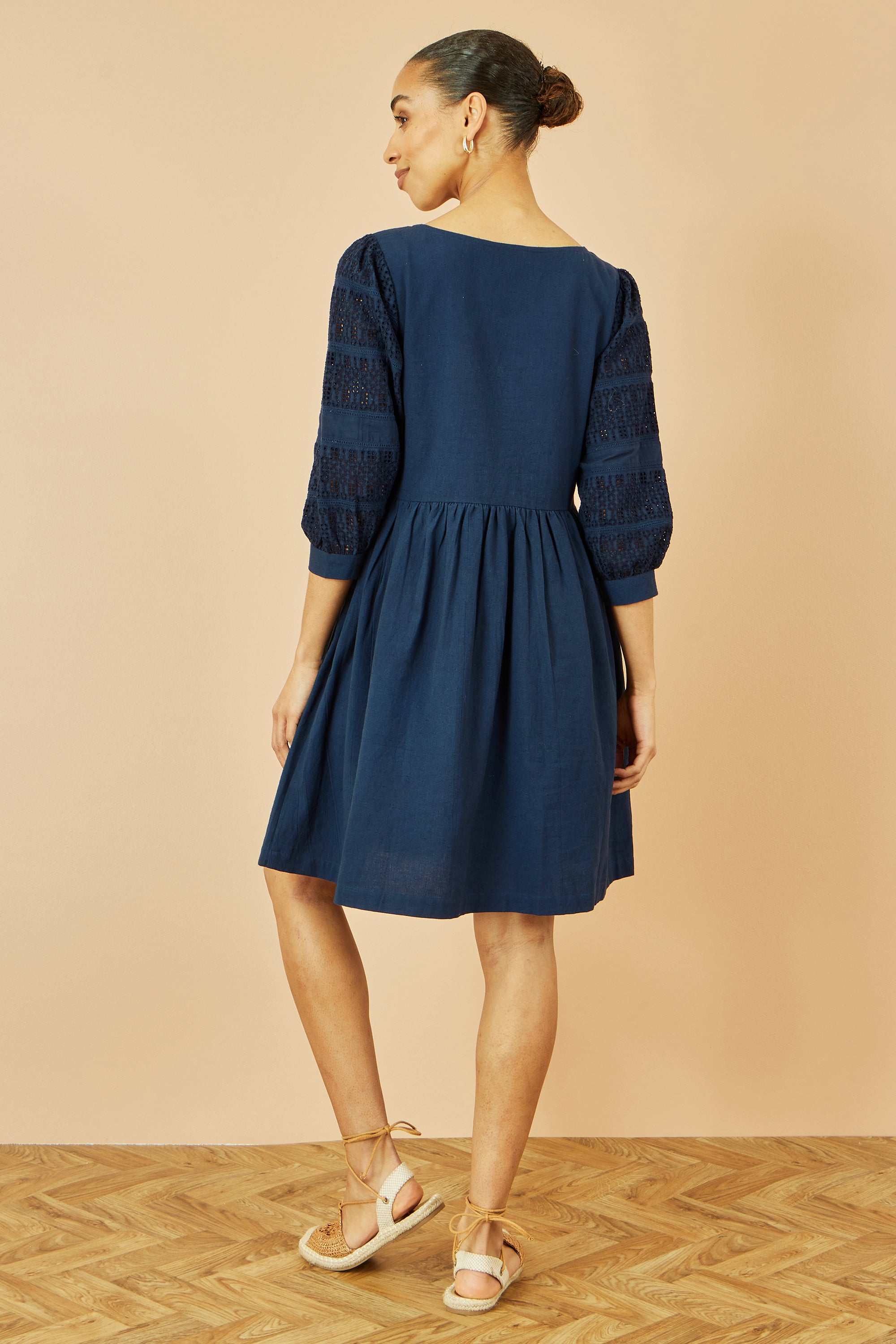 Yumi Navy Cotton Tunic With Broderie Anglaise Puff Sleeves - QHA UK