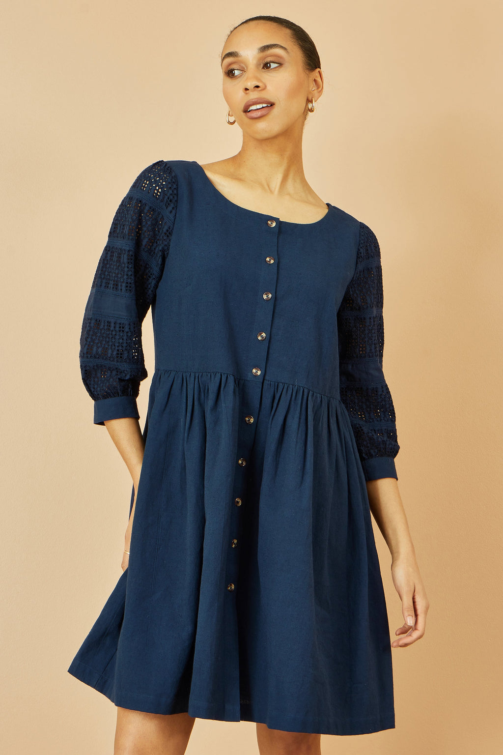Yumi Navy Cotton Tunic With Broderie Anglaise Puff Sleeves - QHA UK