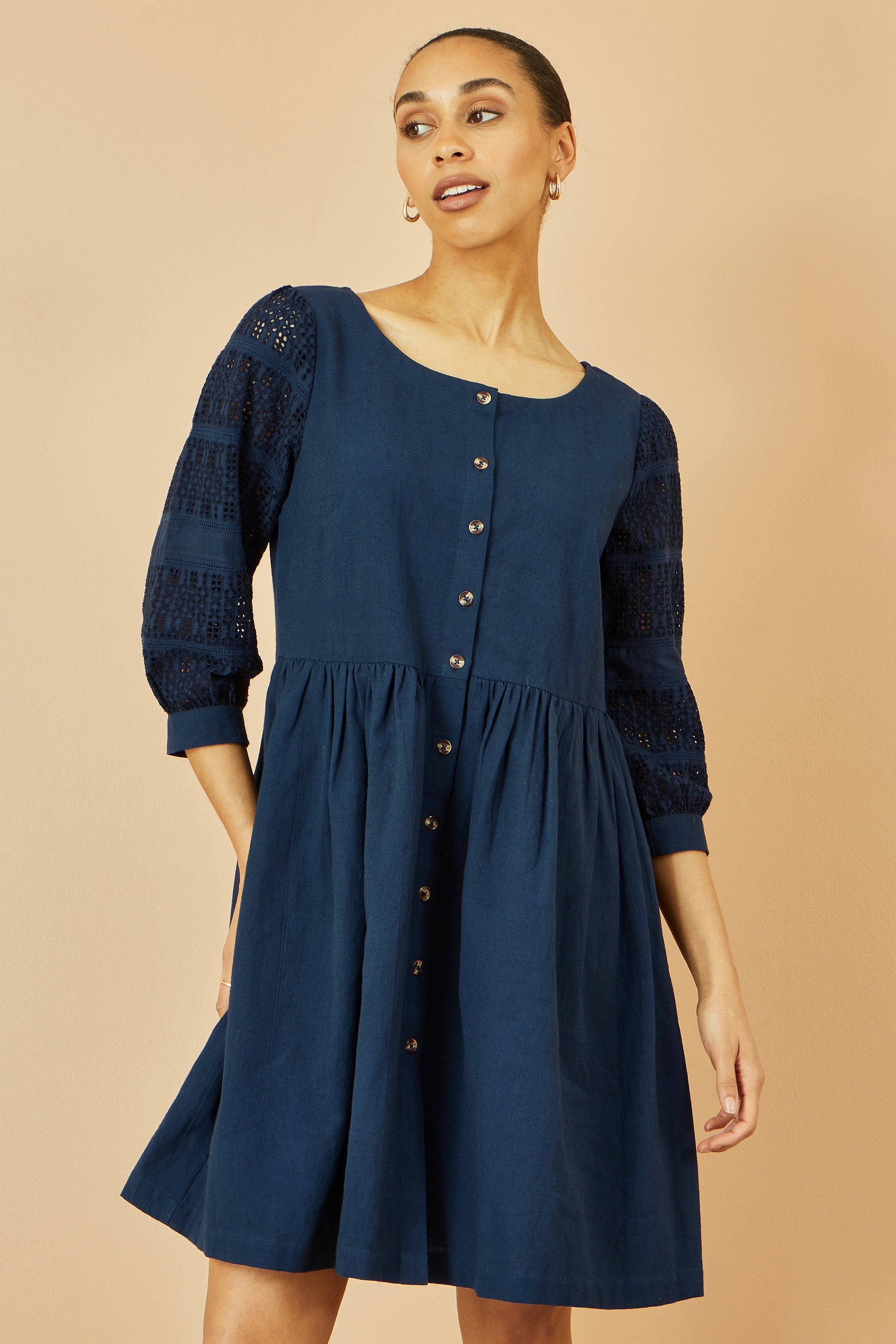 Yumi Navy Cotton Tunic With Broderie Anglaise Puff Sleeves - QHA UK