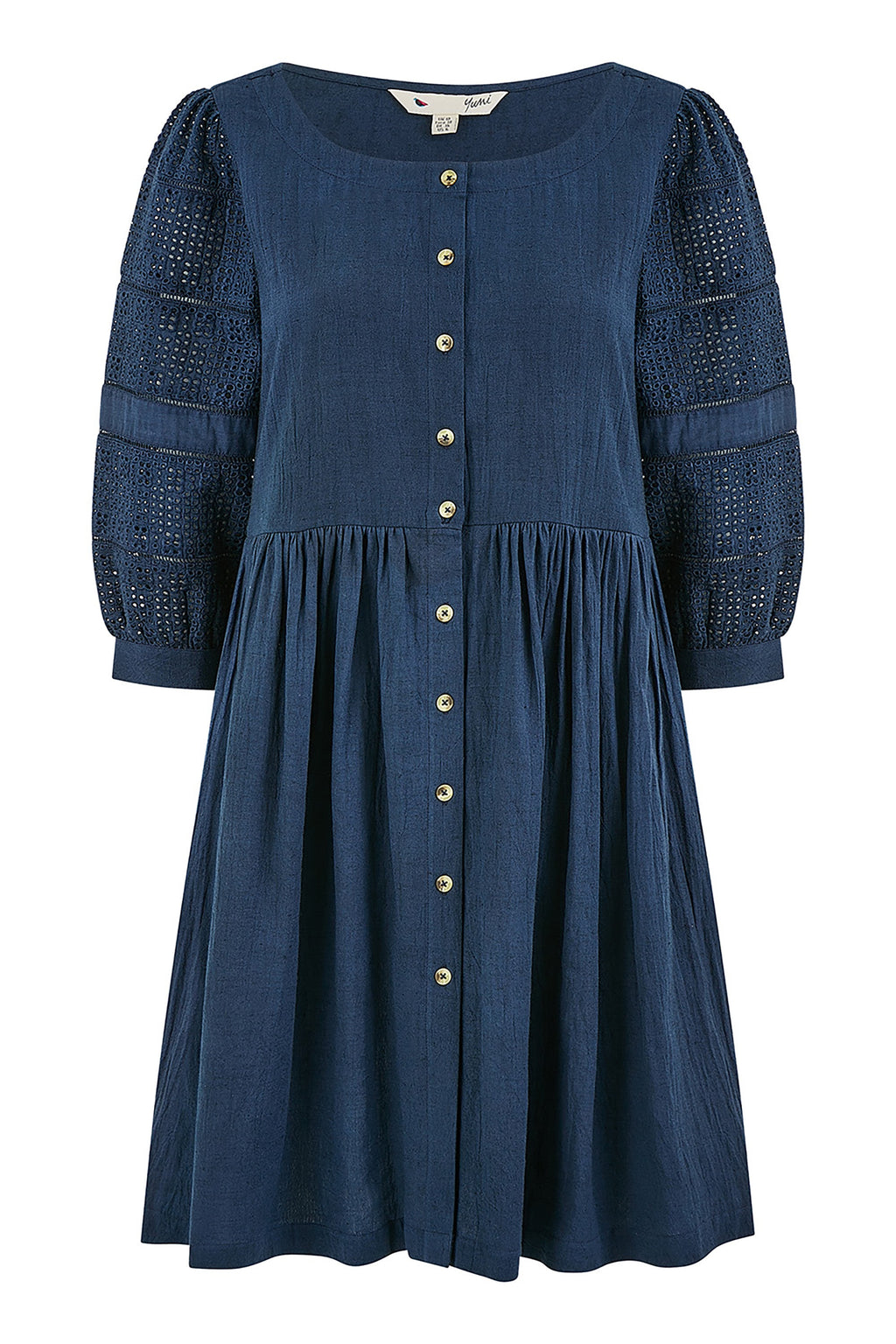 Yumi Navy Cotton Tunic With Broderie Anglaise Puff Sleeves - QHA UK
