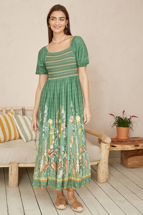 Yumi Green Ruched Leaf Print Maxi Dress With Puff Sleeves - QHA UK