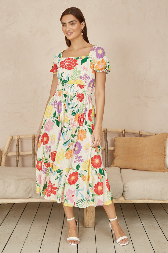 Yumi White Big Floral Midi Dress - QHA UK