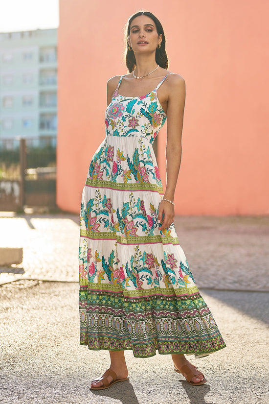 Yumi White Floral Block Print Tiered Maxi Sun Dress - QHA UK