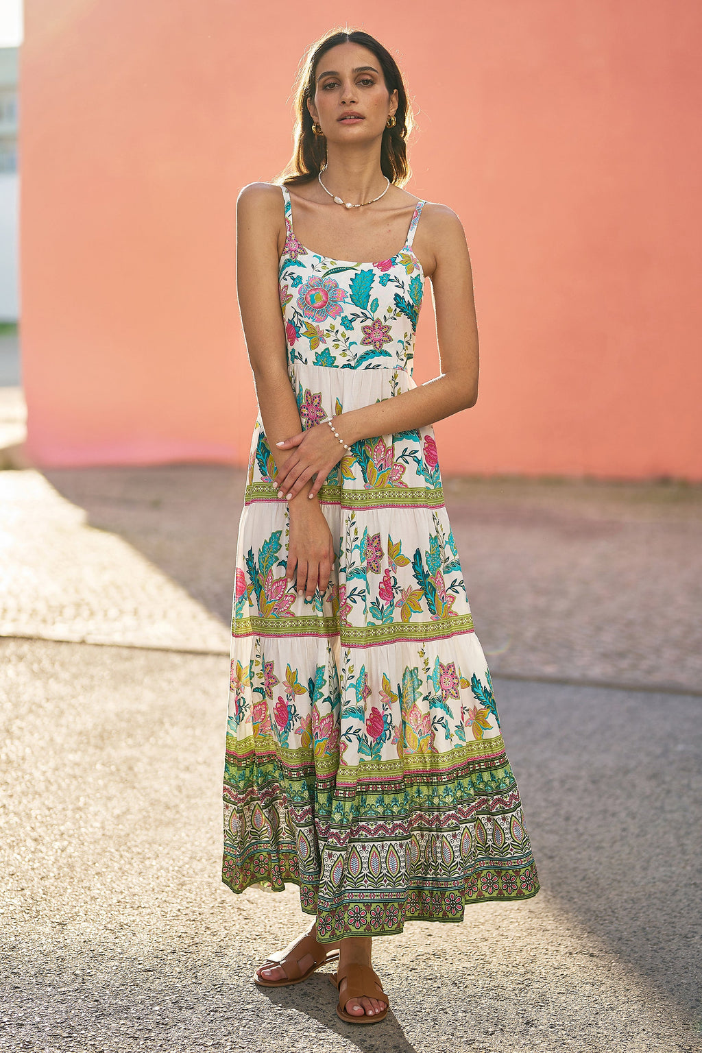 Yumi White Floral Block Print Tiered Maxi Sun Dress - QHA UK