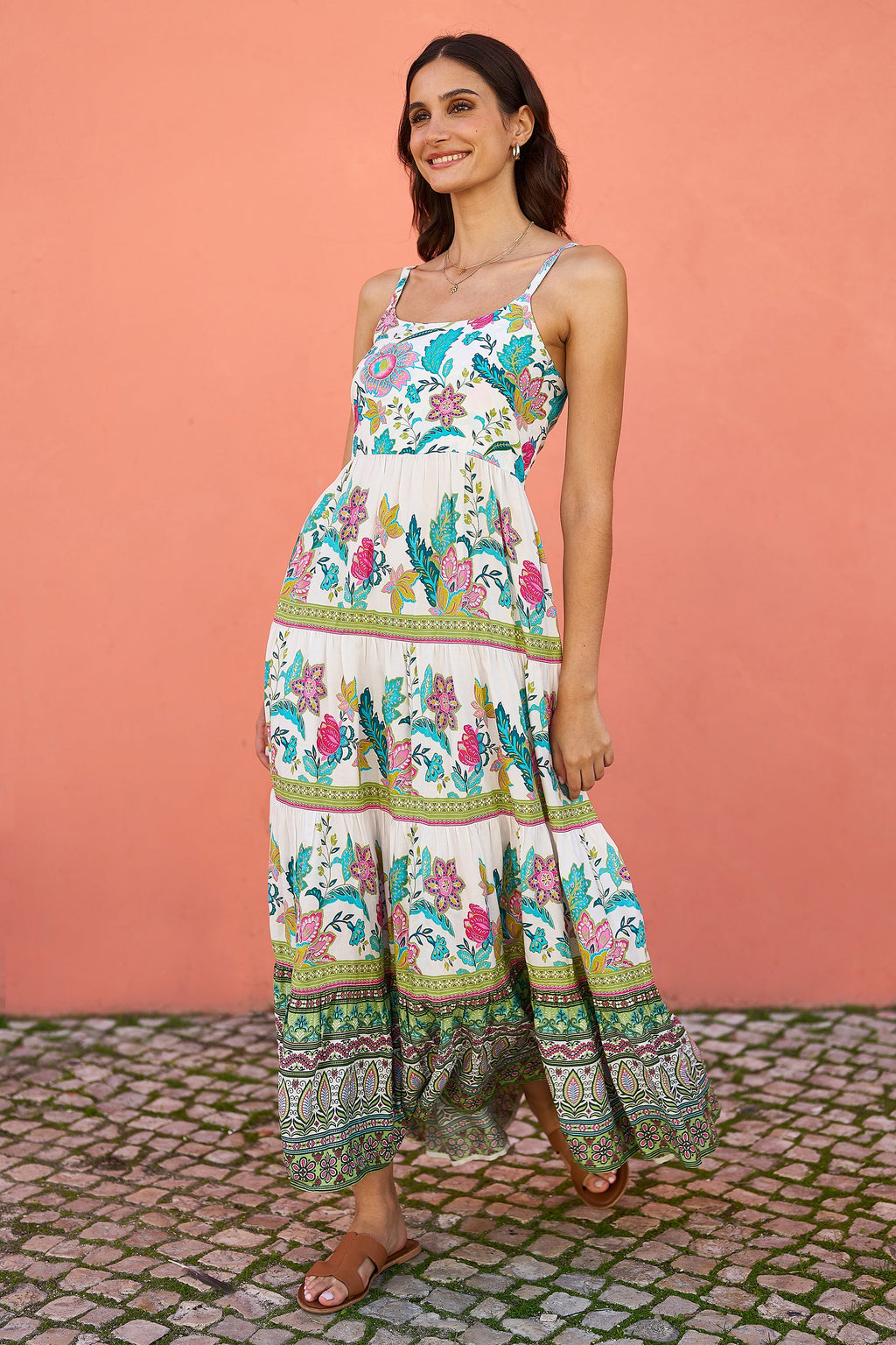 Yumi White Floral Block Print Tiered Maxi Sun Dress - QHA UK