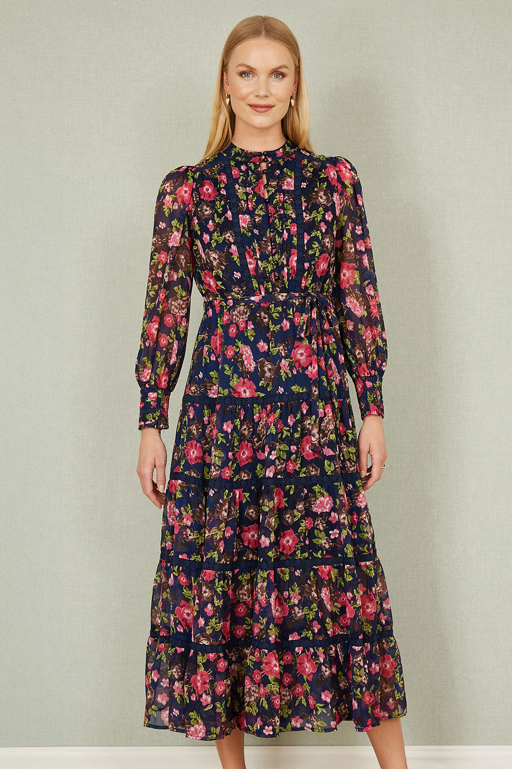 Yumi Navy Blossom Print Maxi Dress With Long Sleeves and Lace Trims - QHA UK