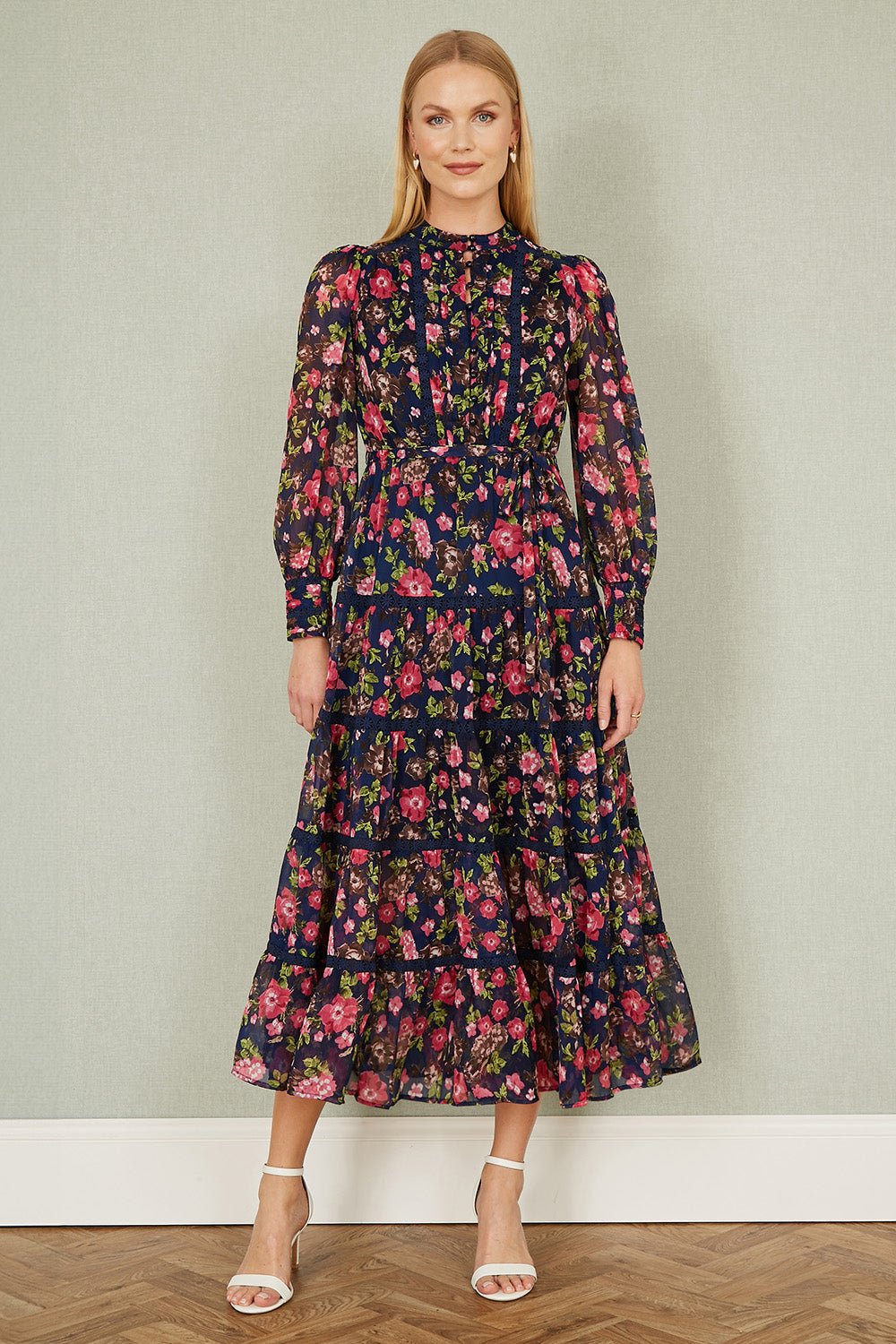 Yumi Navy Blossom Print Maxi Dress With Long Sleeves and Lace Trims - QHA UK