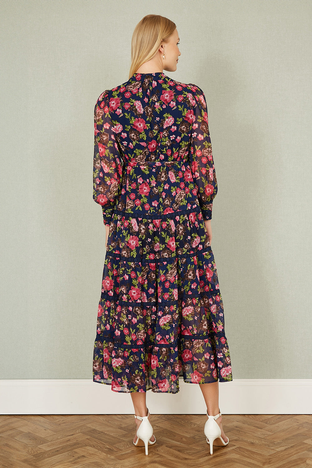 Yumi Navy Blossom Print Maxi Dress With Long Sleeves and Lace Trims - QHA UK
