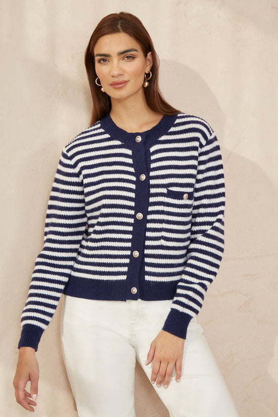 Yumi Navy Stripe Knit Relaxed Fit Cardigan - QHA UK