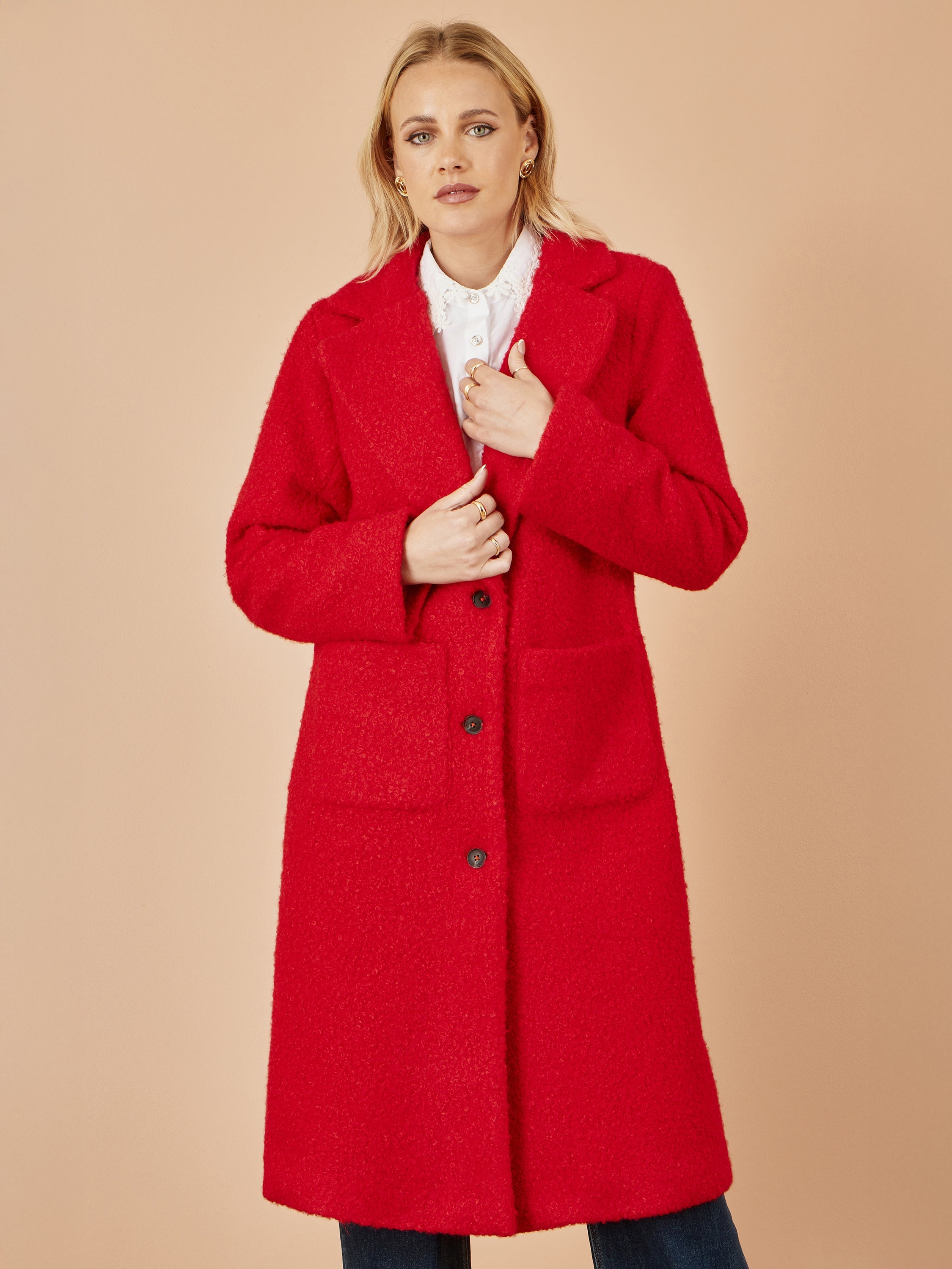 Yumi Red Boucle Long Line Coat - QHA UK
