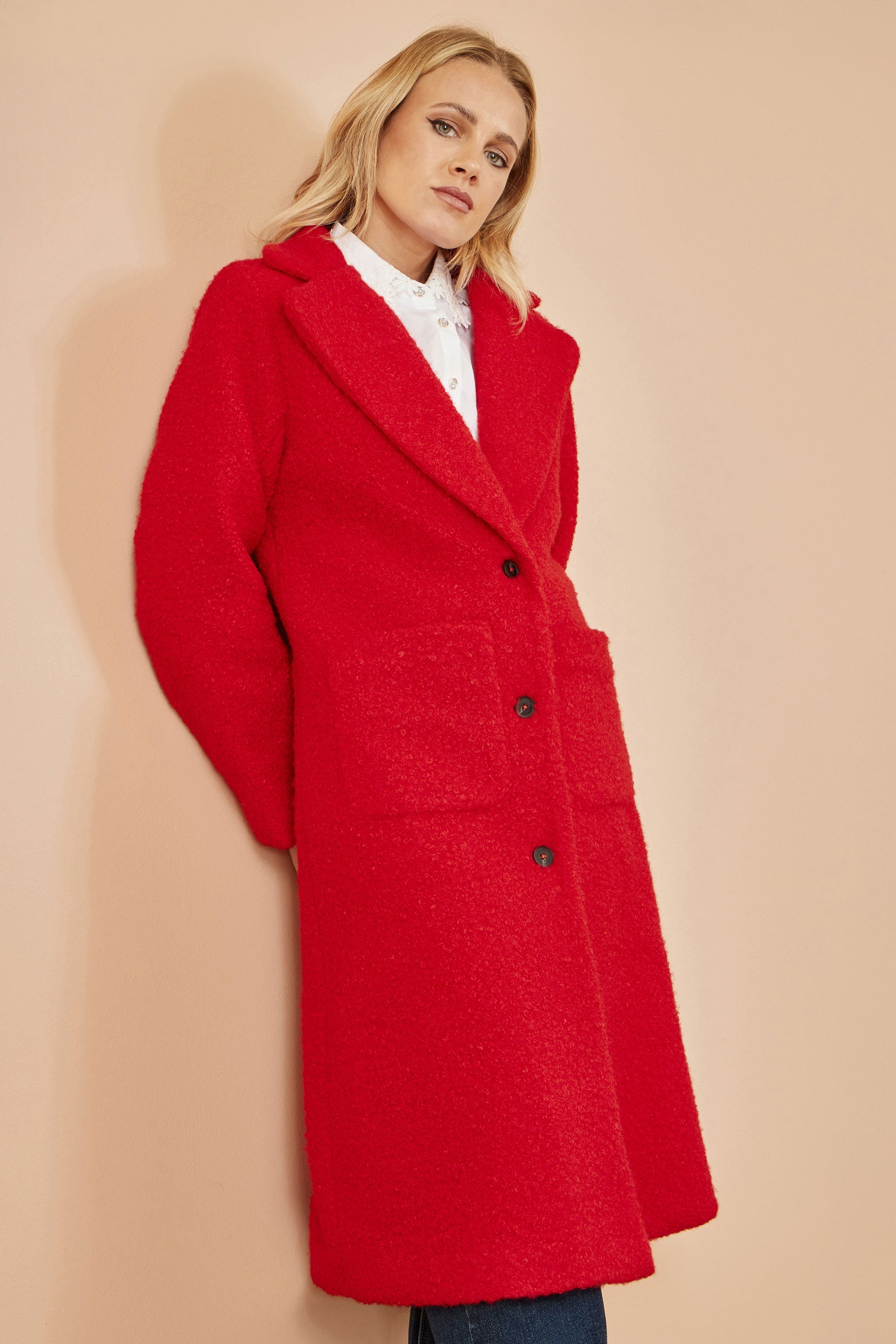 Yumi Red Boucle Long Line Coat - QHA UK