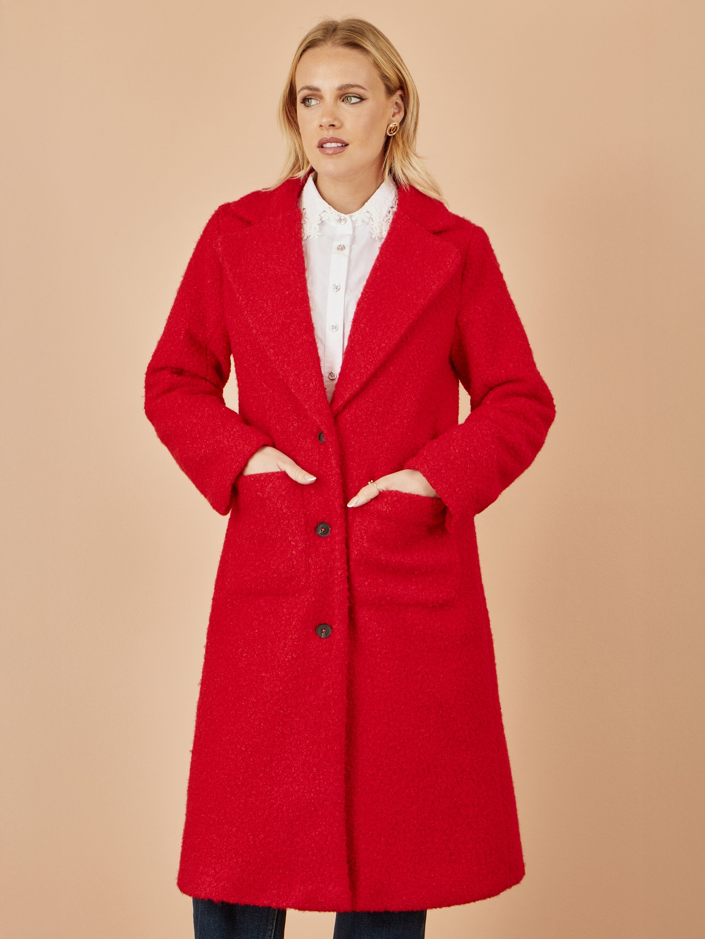 Yumi Red Boucle Long Line Coat - QHA UK