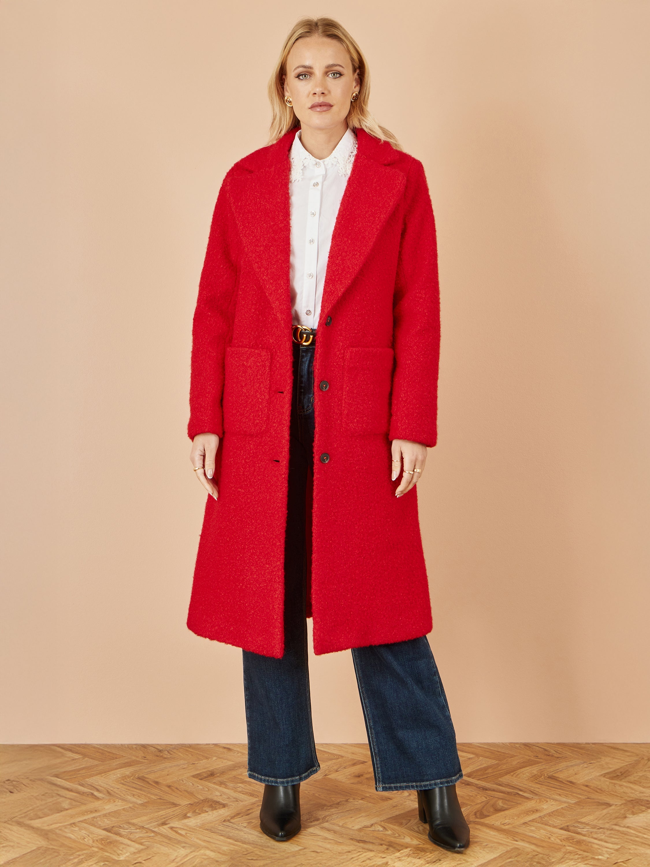 Yumi Red Boucle Long Line Coat - QHA UK
