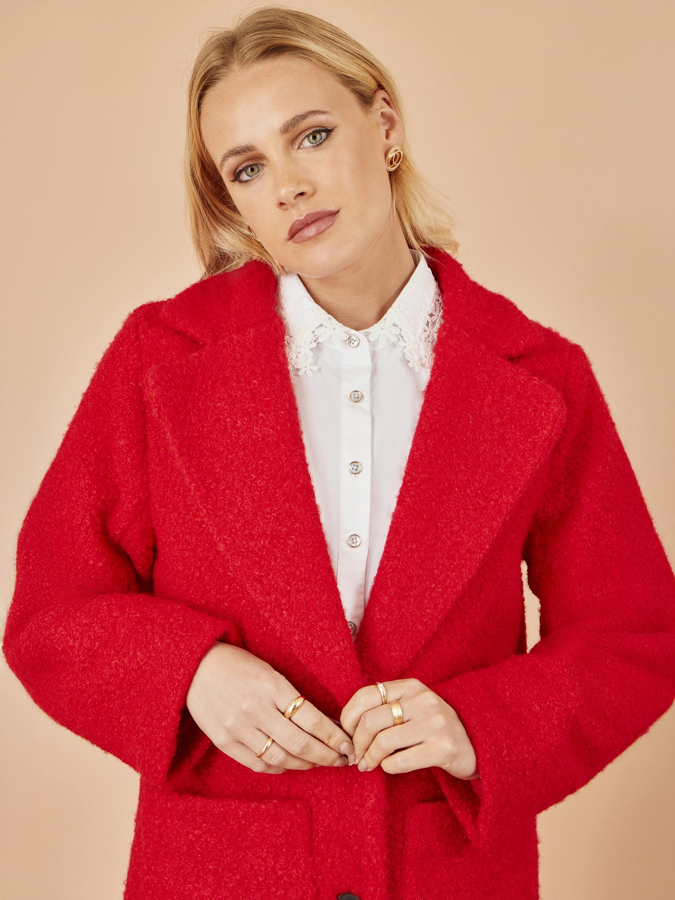 Yumi Red Boucle Long Line Coat - QHA UK