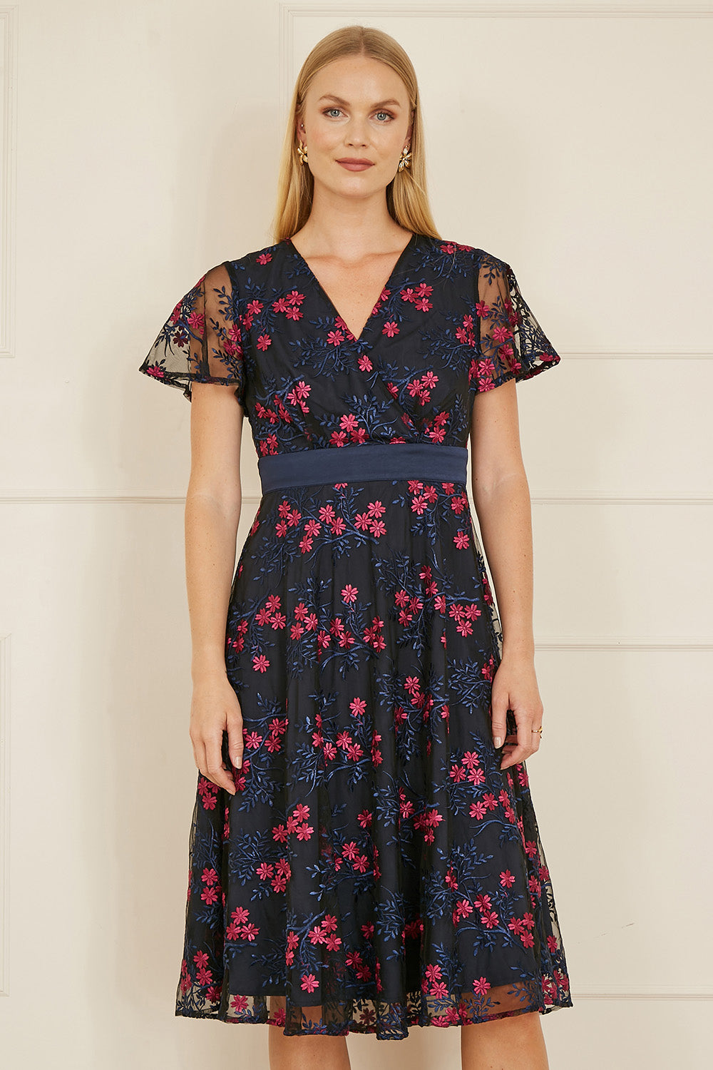 Yumi Navy Embroidered Floral Mesh Wrap Midi Skater Dress - QHA UK