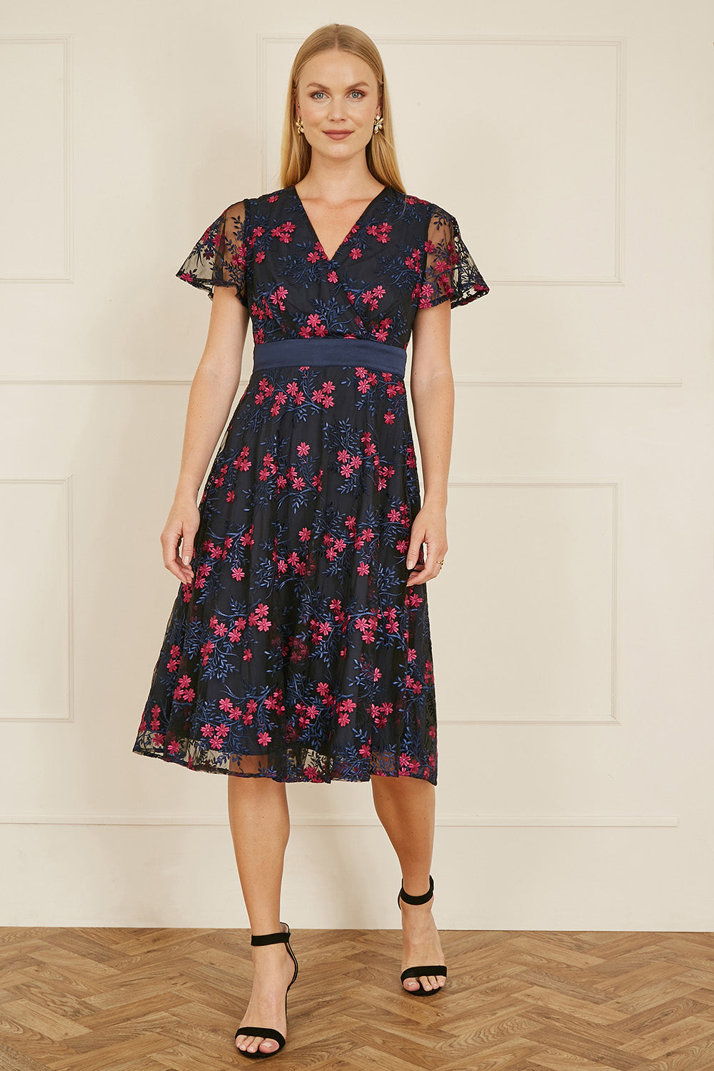 Yumi Navy Embroidered Floral Mesh Wrap Midi Skater Dress - QHA UK