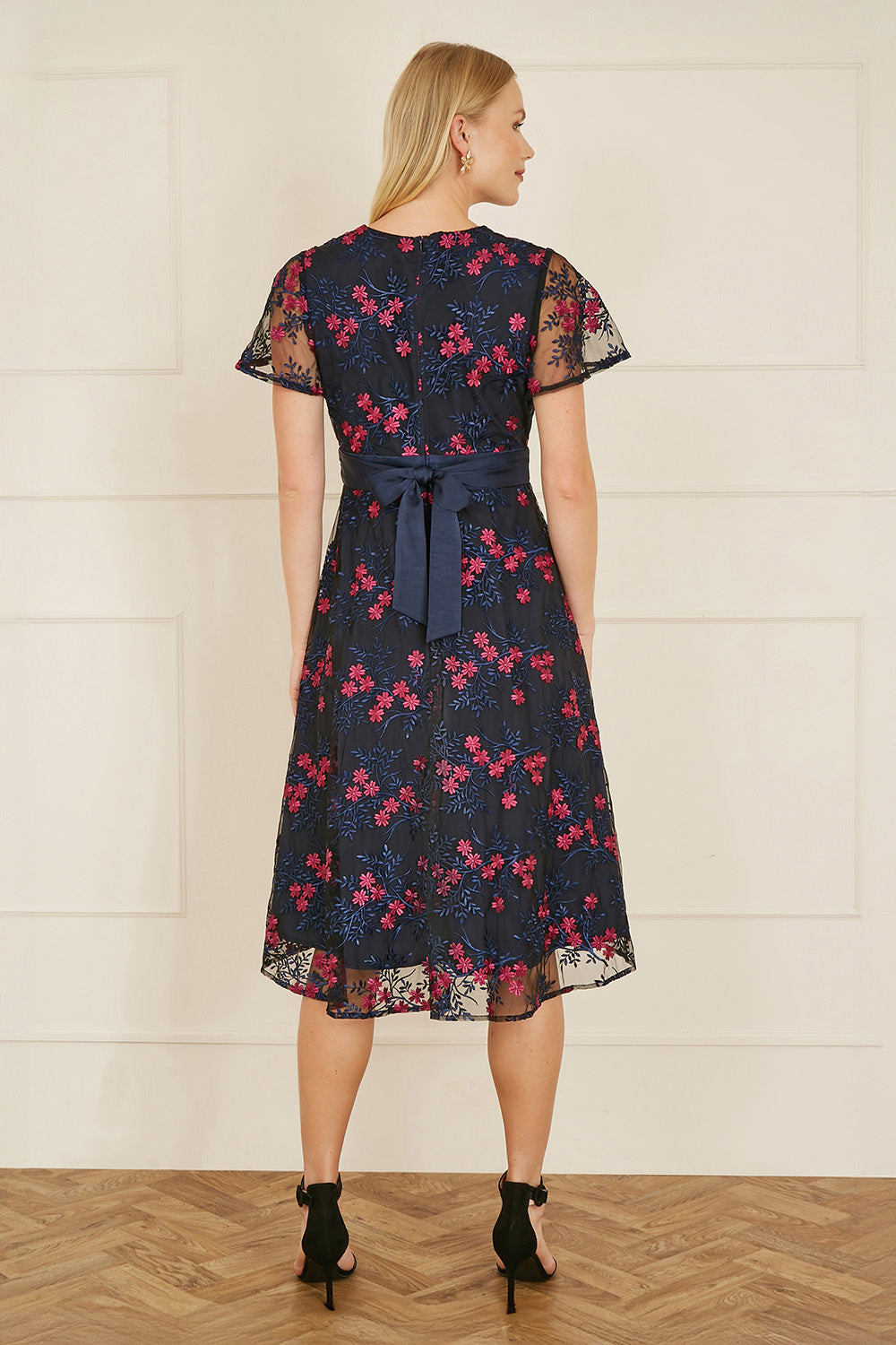 Yumi Navy Embroidered Floral Mesh Wrap Midi Skater Dress - QHA UK