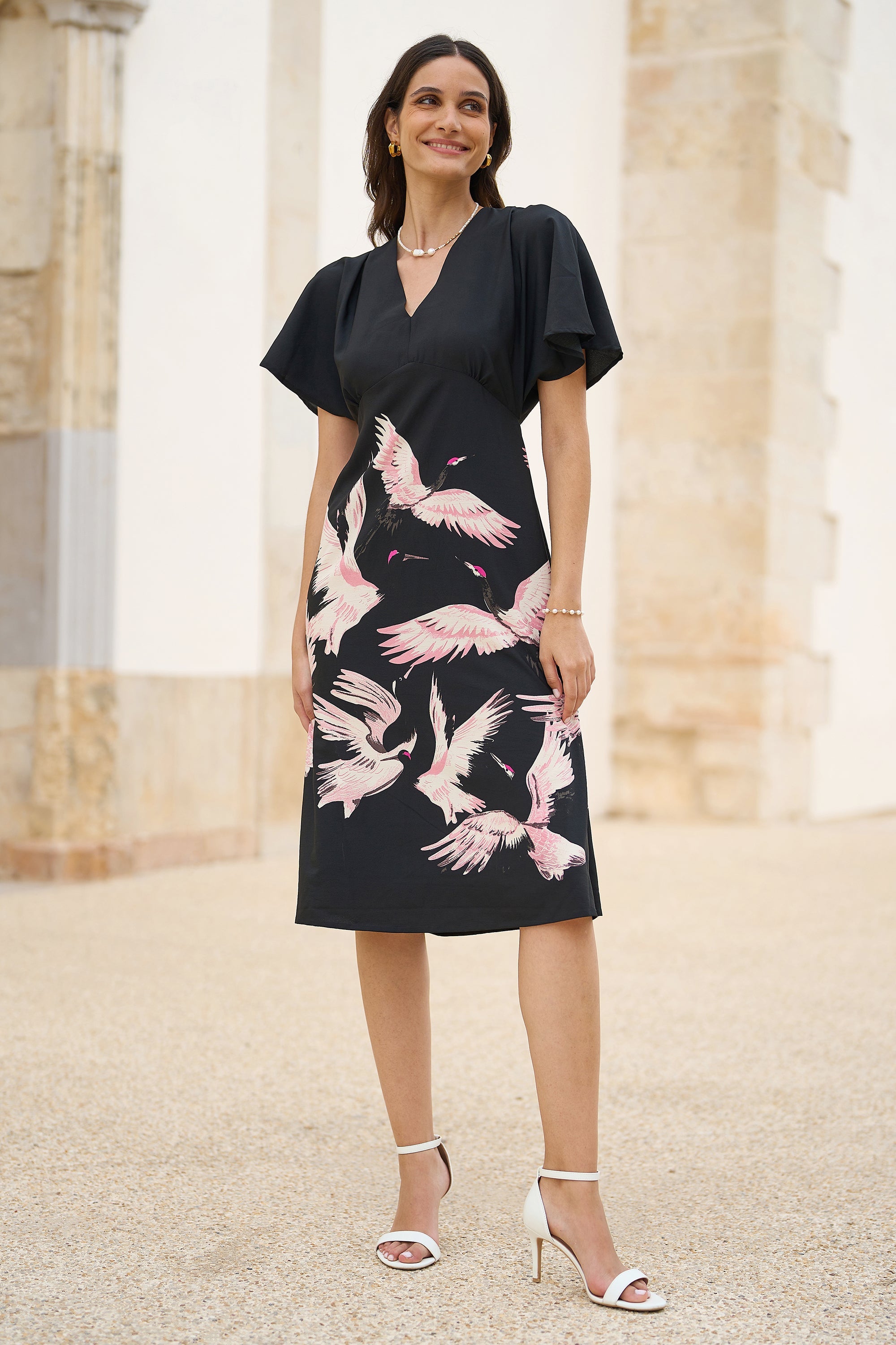 Yumi Black Recycled Fabric Crane Print Kimono Midi Dress - QHA UK