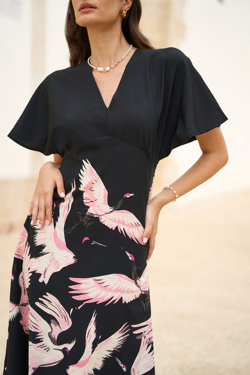Yumi Black Recycled Fabric Crane Print Kimono Midi Dress - QHA UK