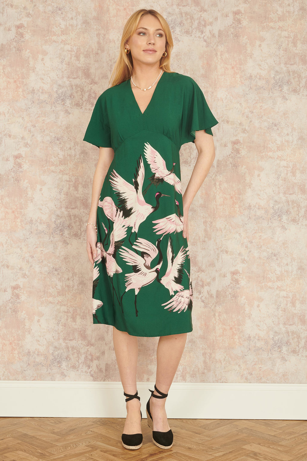 Yumi Green Recycled Fabric Crane Print Kimono Midi Dress - QHA UK