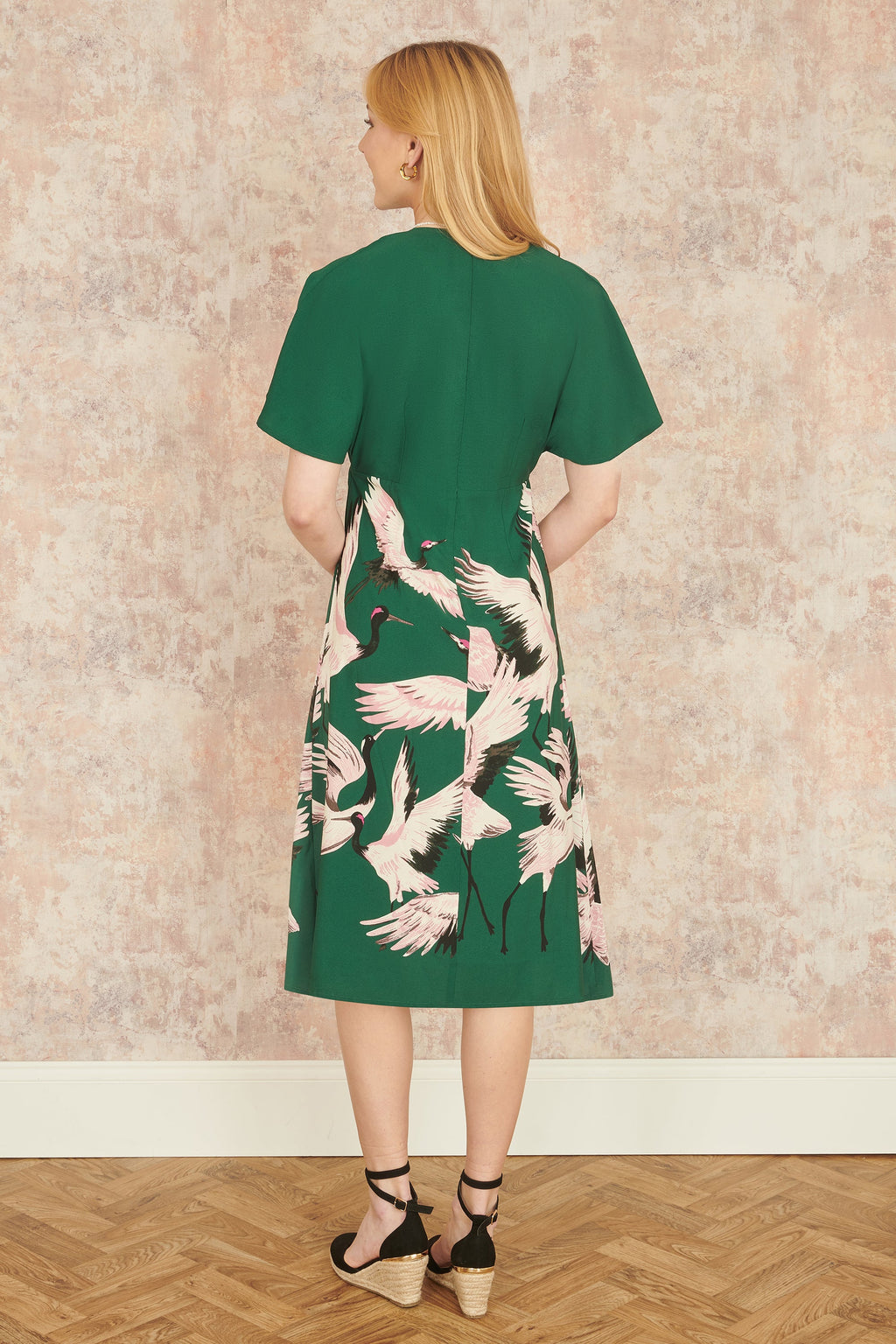 Yumi Green Recycled Fabric Crane Print Kimono Midi Dress - QHA UK