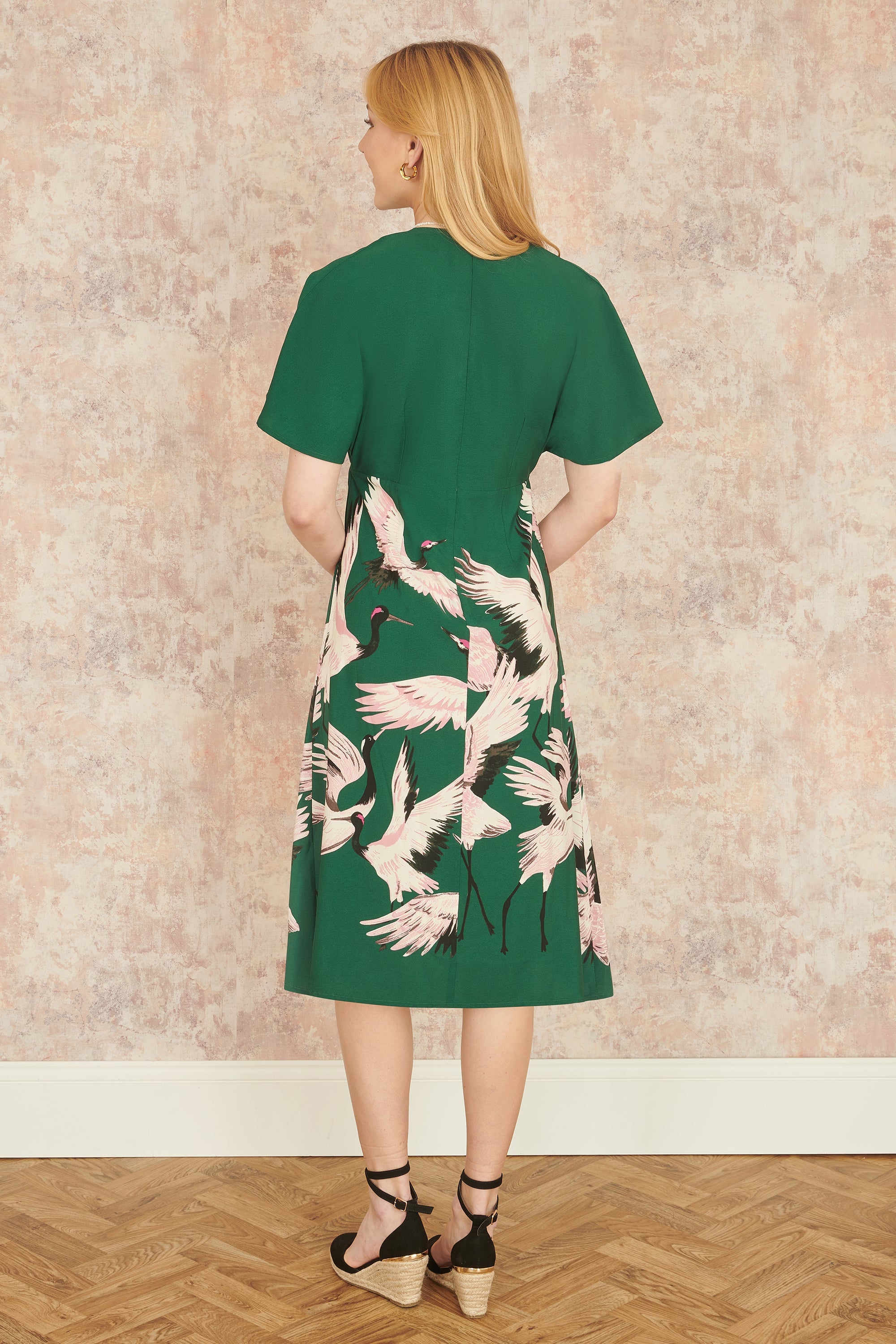 Yumi Green Recycled Fabric Crane Print Kimono Midi Dress - QHA UK