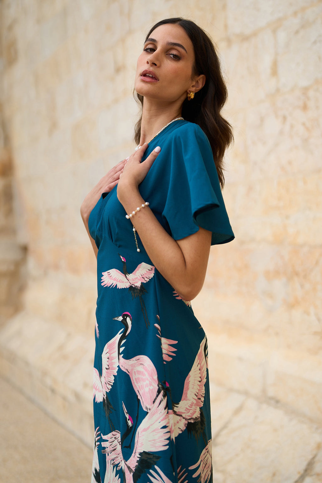 Yumi Teal Recycled Fabric Crane Print Kimono Midi Dress - QHA UK