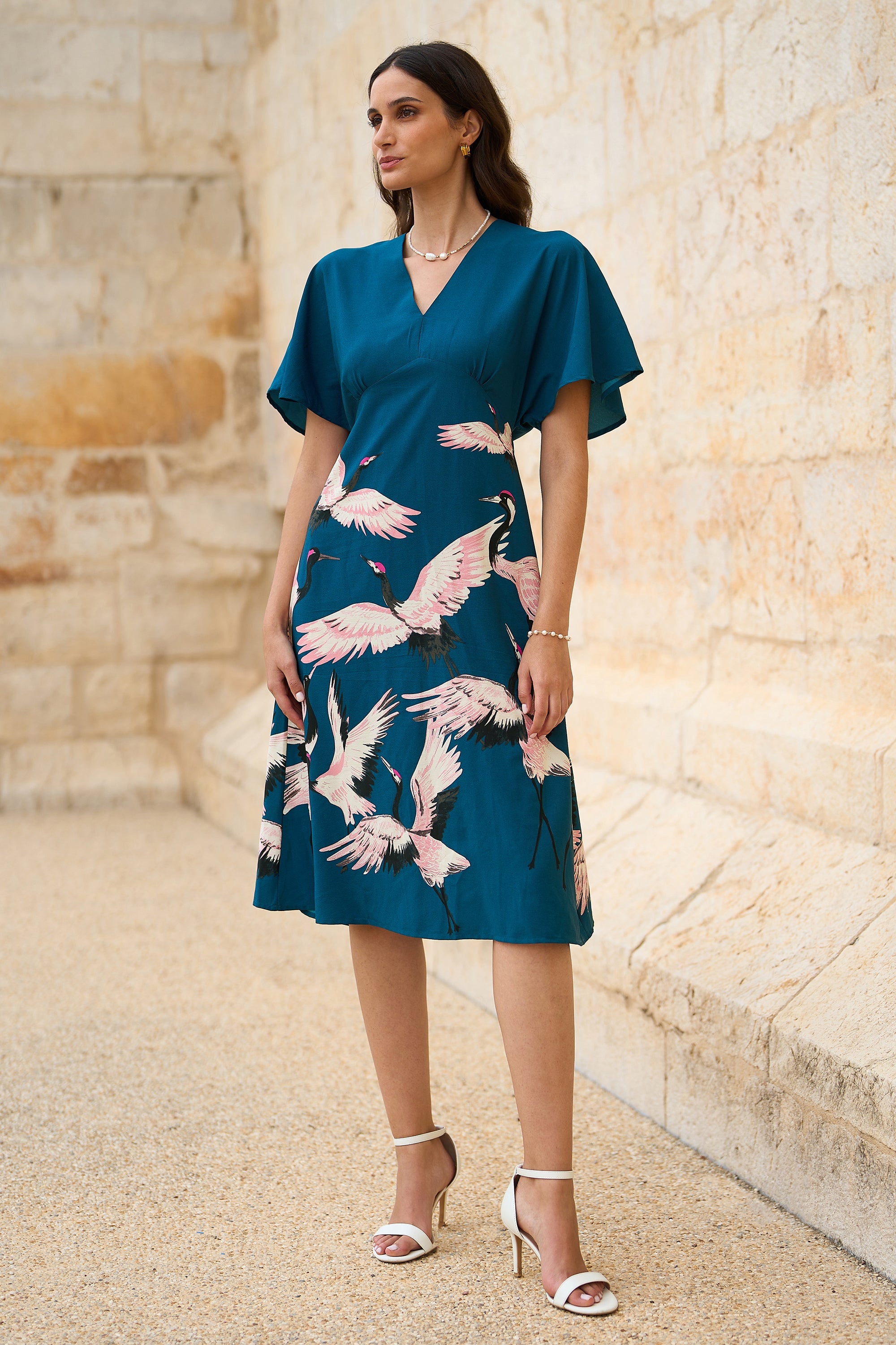 Yumi Teal Recycled Fabric Crane Print Kimono Midi Dress - QHA UK