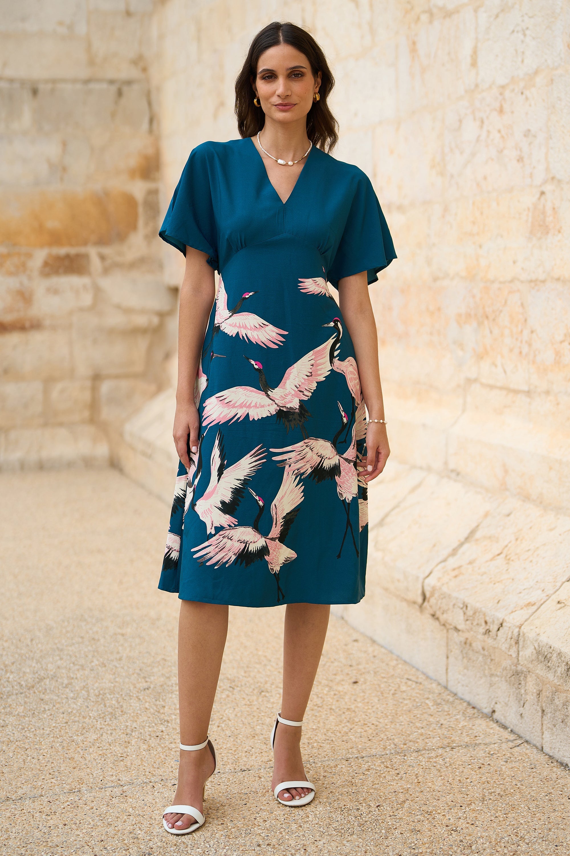 Yumi Teal Recycled Fabric Crane Print Kimono Midi Dress - QHA UK