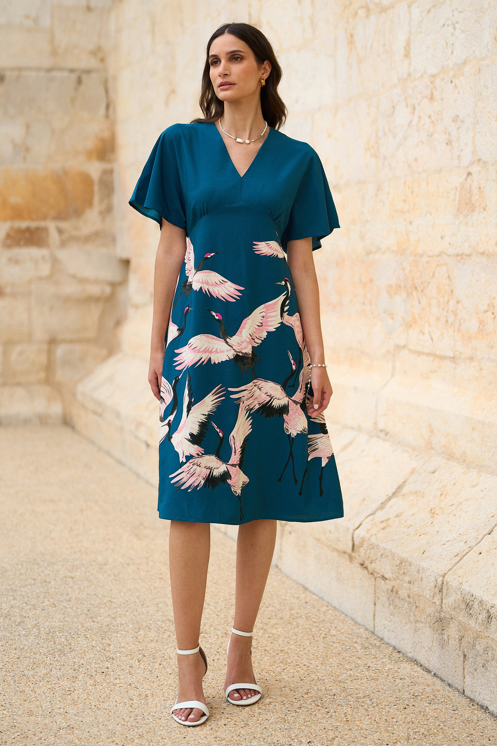 Yumi Teal Recycled Fabric Crane Print Kimono Midi Dress - QHA UK