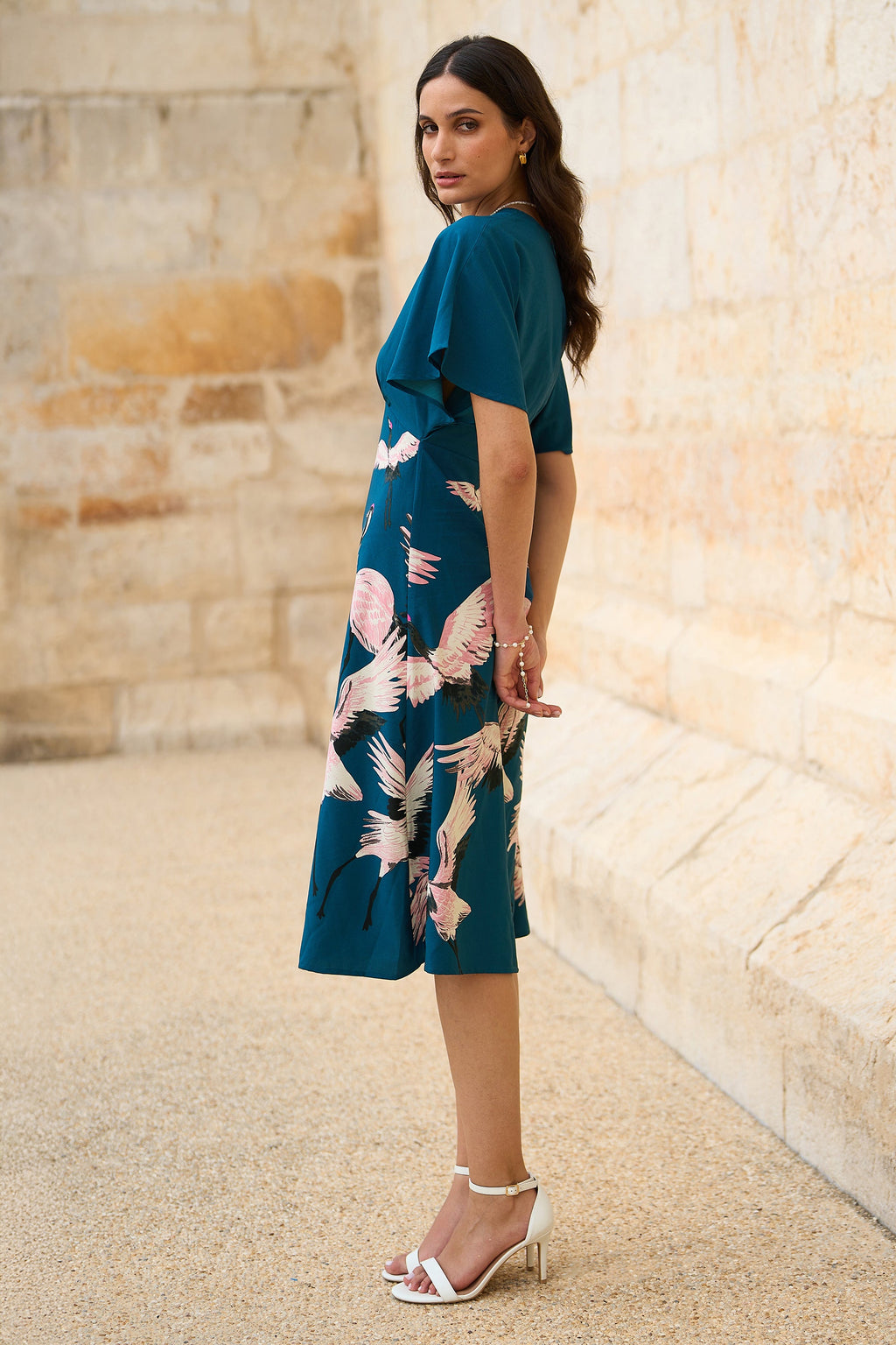 Yumi Teal Recycled Fabric Crane Print Kimono Midi Dress - QHA UK