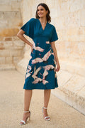 Yumi Teal Recycled Fabric Crane Print Kimono Midi Dress - QHA UK