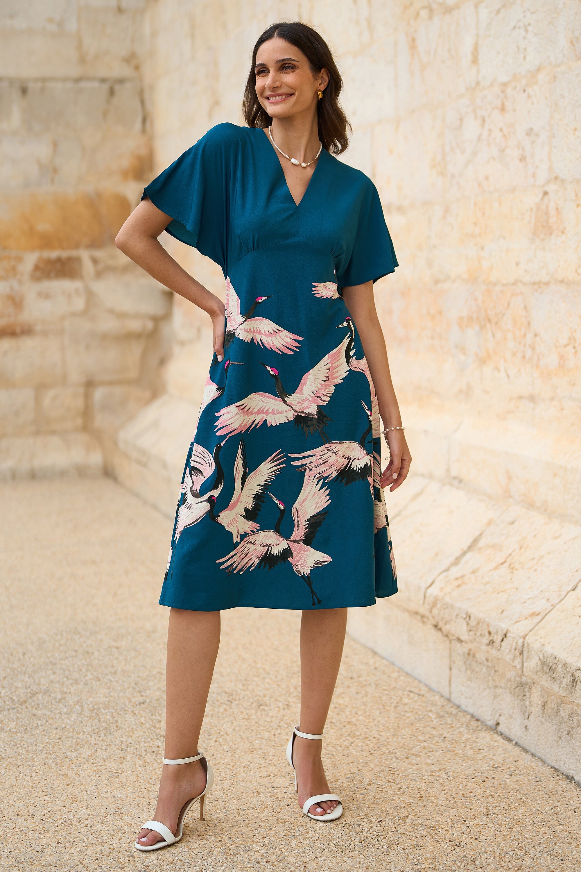 Yumi Teal Recycled Fabric Crane Print Kimono Midi Dress - QHA UK