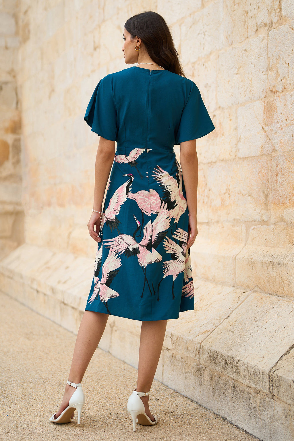 Yumi Teal Recycled Fabric Crane Print Kimono Midi Dress - QHA UK