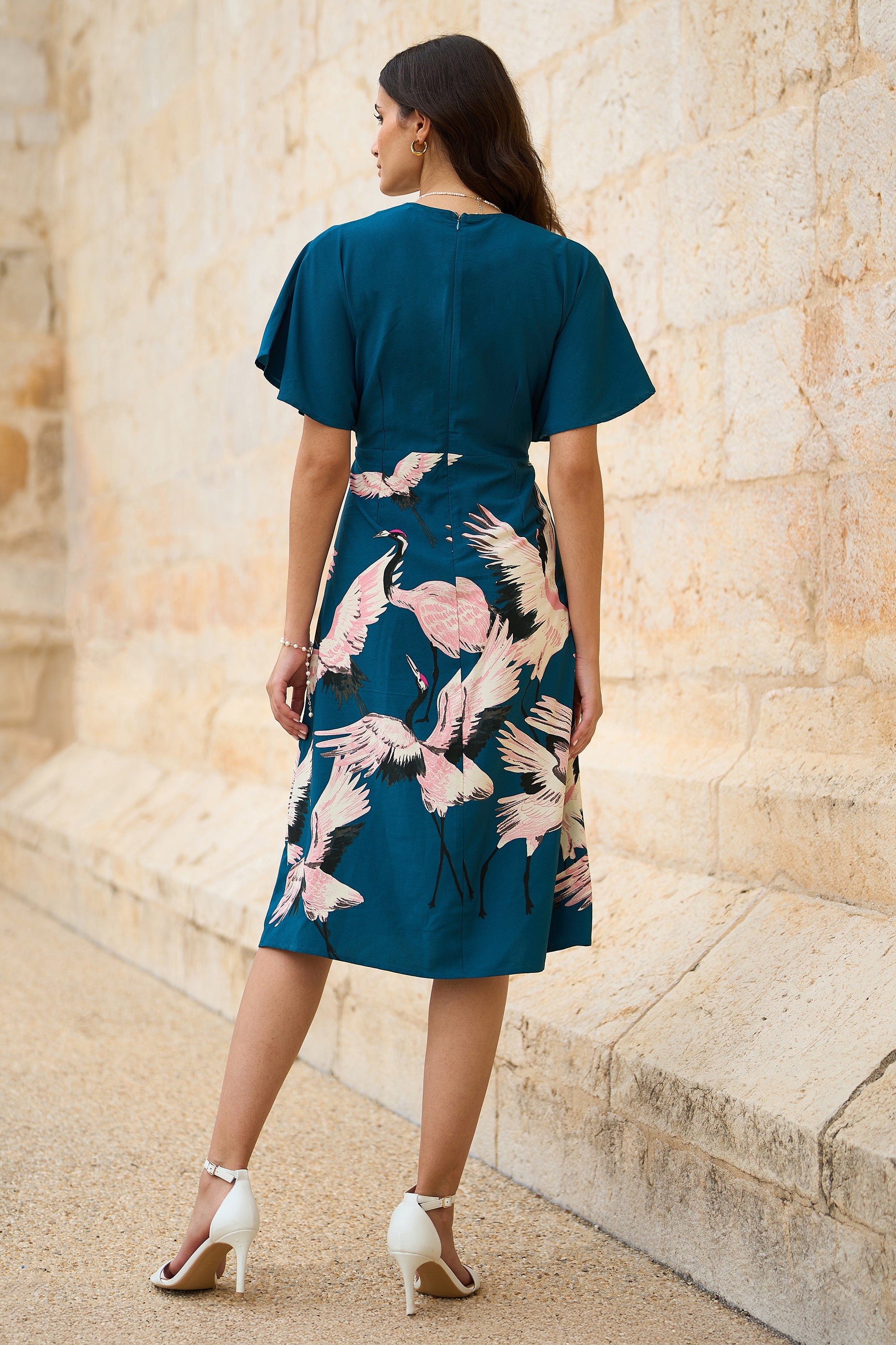 Yumi Teal Recycled Fabric Crane Print Kimono Midi Dress - QHA UK