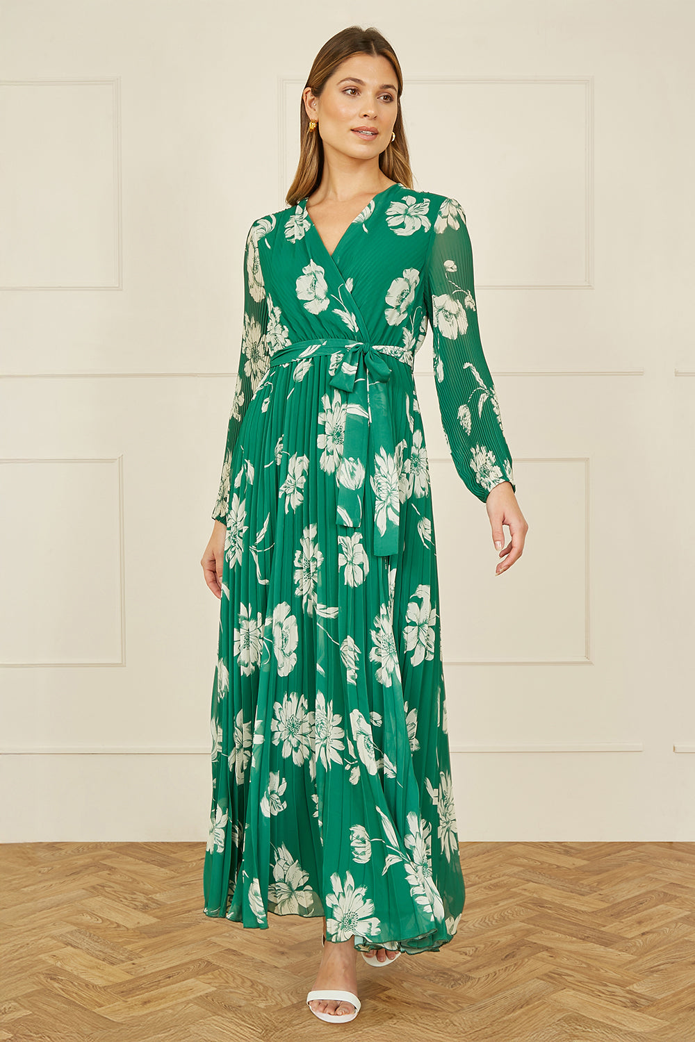 Yumi Green Floral Pleated Midi Wrap Long Sleeve Dress - QHA UK
