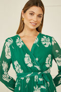 Yumi Green Floral Pleated Midi Wrap Long Sleeve Dress - QHA UK
