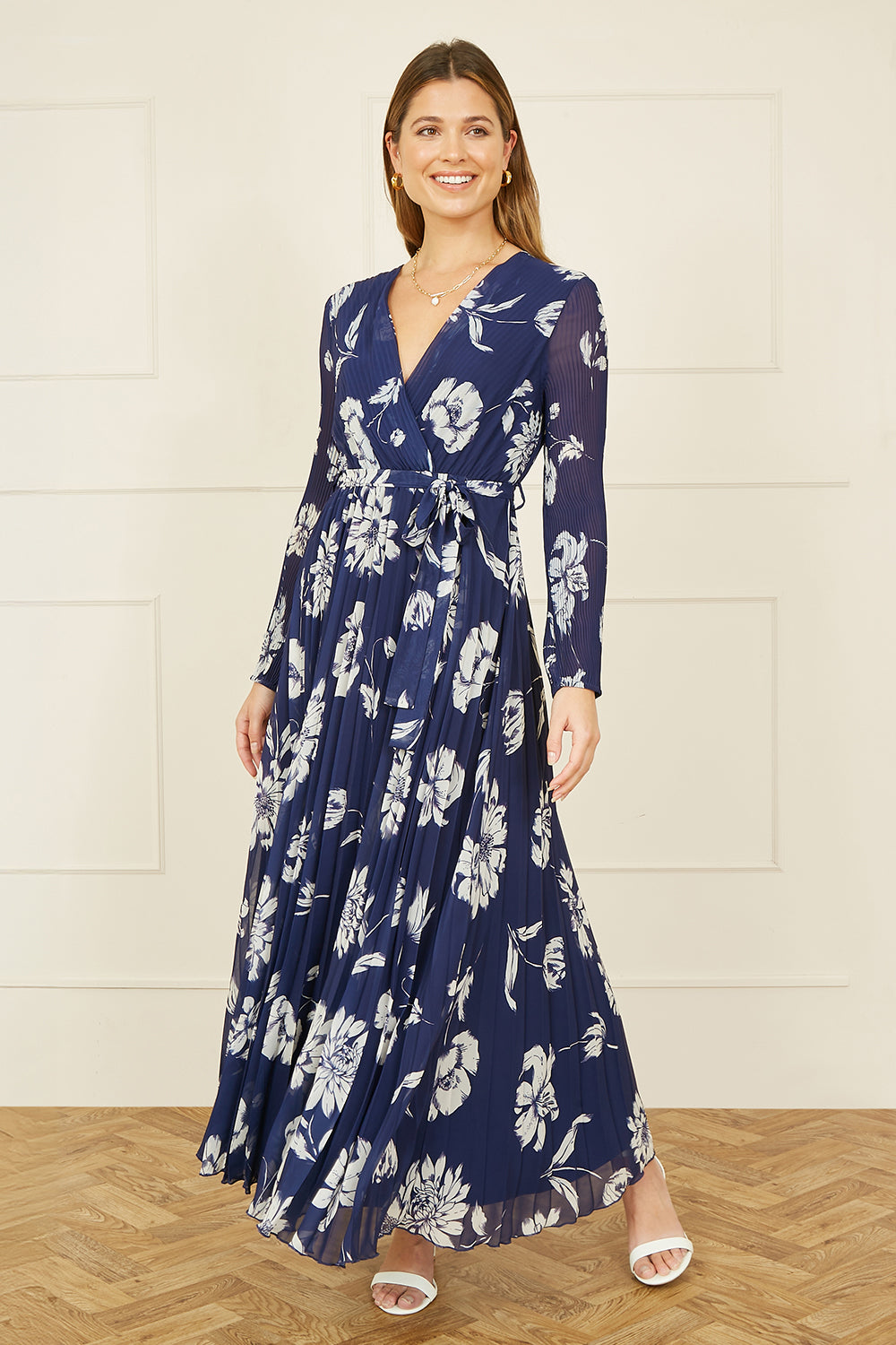 Yumi Navy Floral Pleated Midi Wrap Long Sleeve Dress - QHA UK
